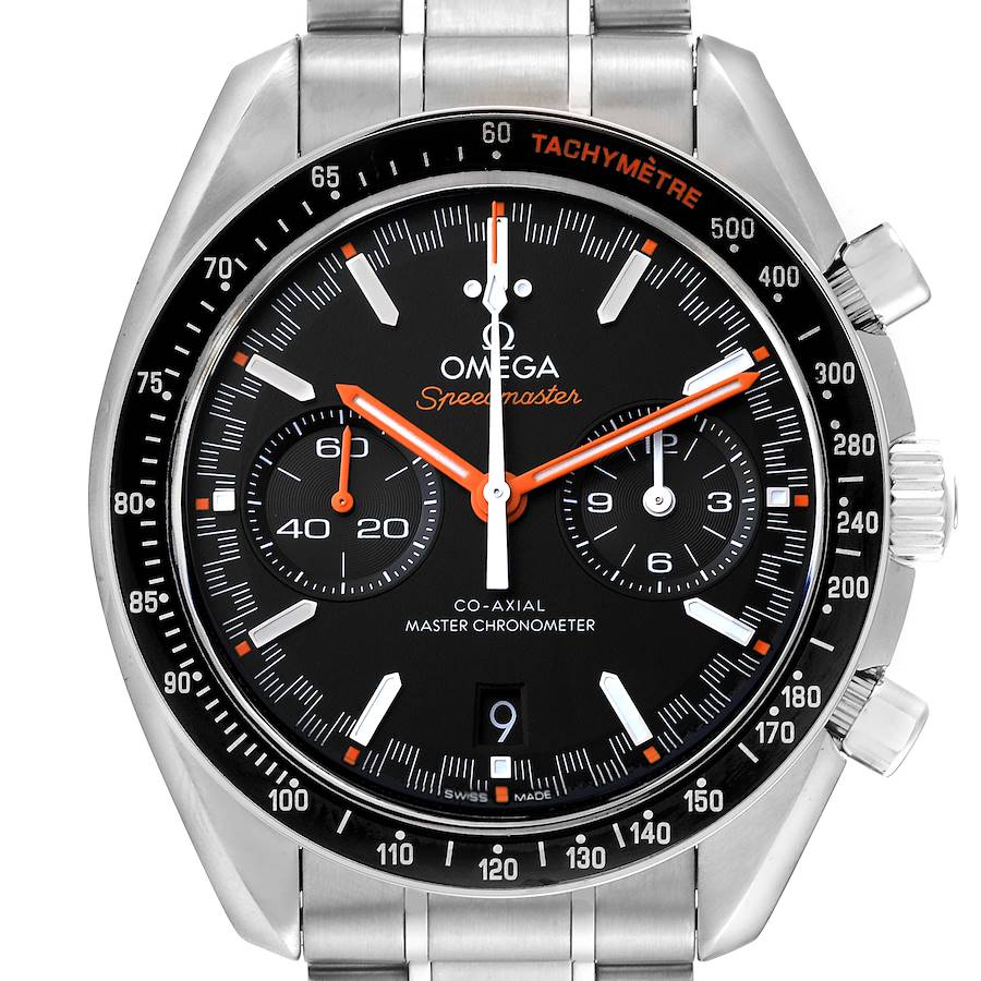 The image shows a front view of an Omega Speedmaster watch, highlighting the dial, bezel, sub-dials, and bracelet.