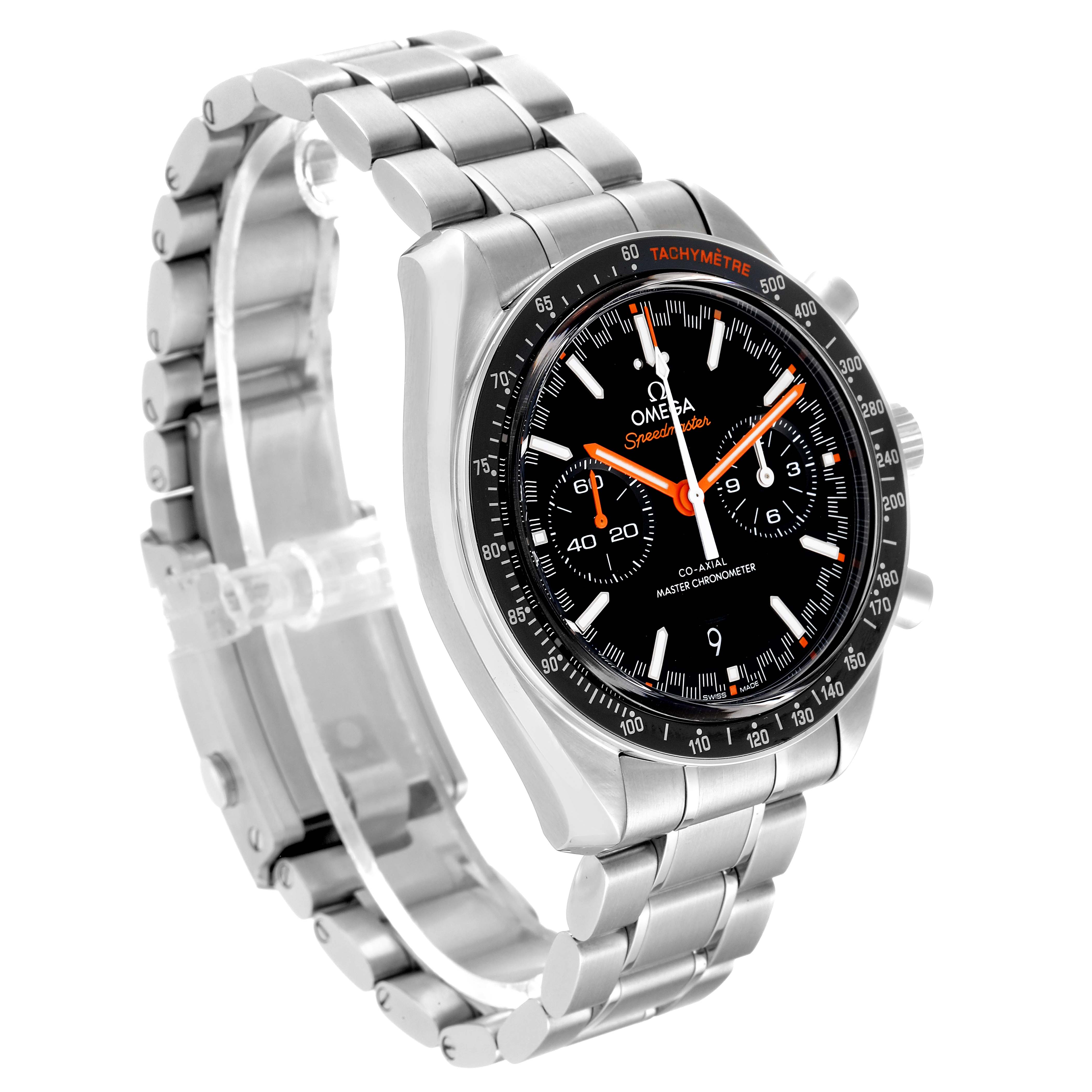 The Omega Speedmaster 329.30.44.51.01.002 Men
s Stainless Steel Black Dial 329.30.44.51.01.002 Men
s Stainless Steel Black Dial watch is pictured at a slightly leftward angle showing the face, bezel, and stainless steel bracelet.