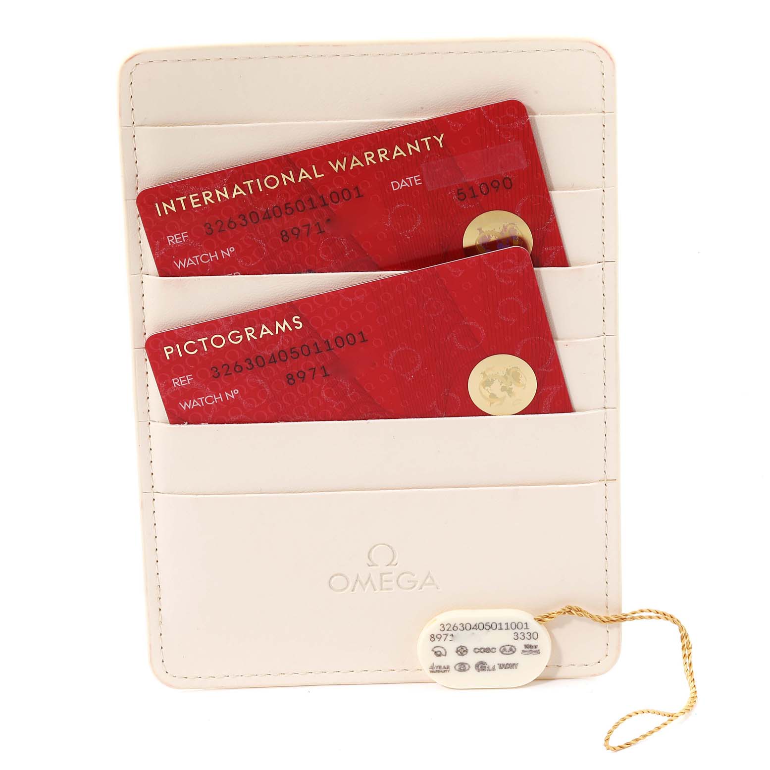 The image shows an Omega Speedmaster 326.30.40.50.11.001 Men
s Stainless Steel Red Dial 326.30.40.50.11.001 Men
s Stainless Steel Red Dial
s international warranty and pictogram cards in a branded cardholder.