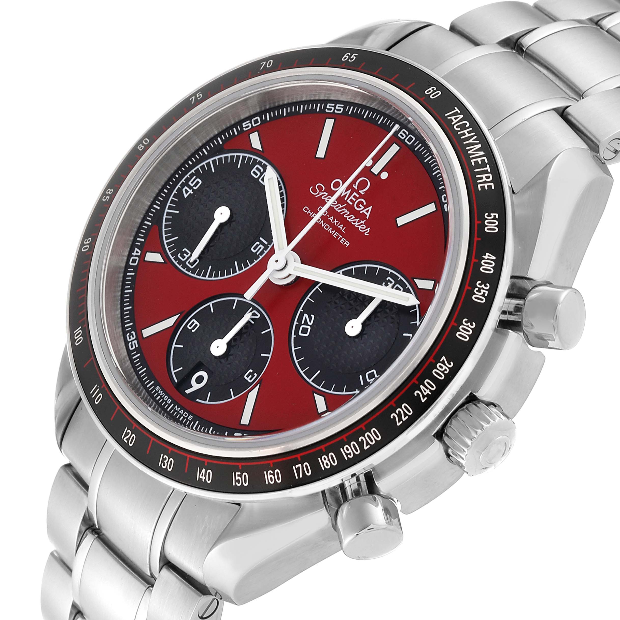 This image shows an angled view of the Omega Speedmaster 326.30.40.50.11.001 Men
s Stainless Steel Red Dial 326.30.40.50.11.001 Men
s Stainless Steel Red Dial watch featuring the dial, bezel, pushers, crown, and part of the bracelet.