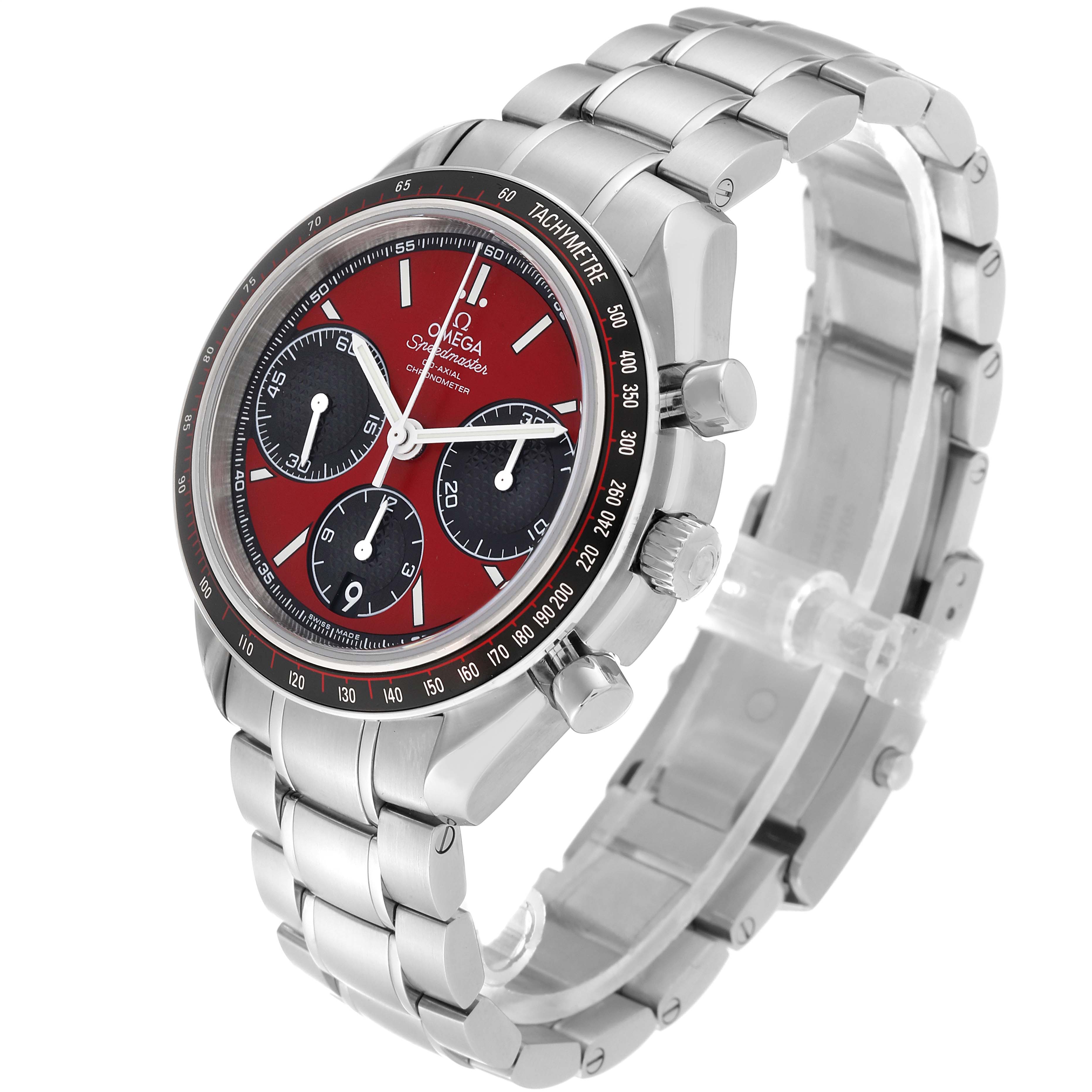 This image shows an angled view of an Omega Speedmaster 326.30.40.50.11.001 Men
s Stainless Steel Red Dial 326.30.40.50.11.001 Men
s Stainless Steel Red Dial watch, featuring its bezel, chronograph, dial, and metal bracelet.