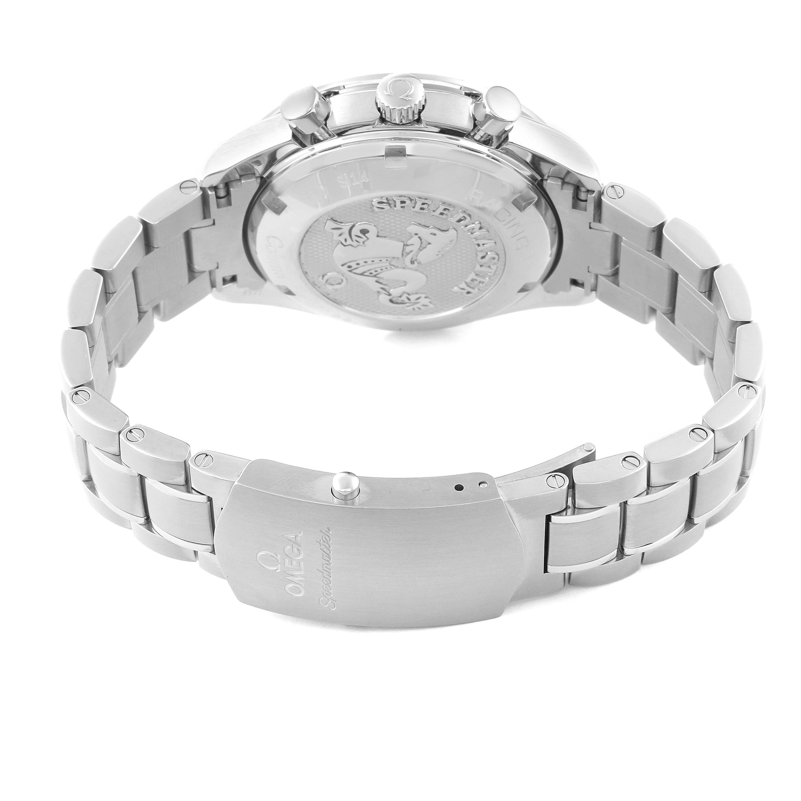 This image shows a rear angle of the Omega Speedmaster 326.30.40.50.11.001 Men
s Stainless Steel Red Dial 326.30.40.50.11.001 Men
s Stainless Steel Red Dial watch, highlighting its case back and metal bracelet clasp.