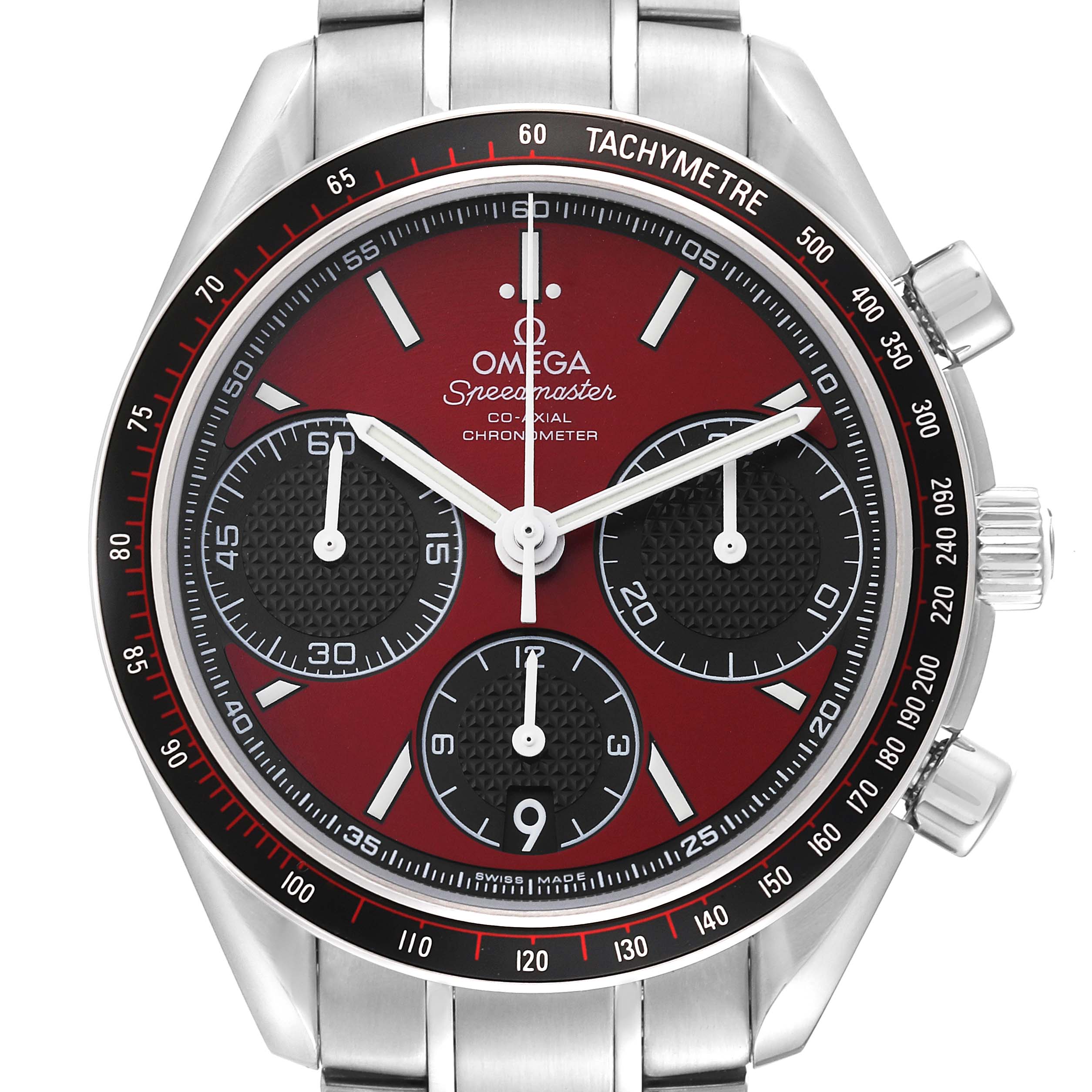 The image shows a frontal view of an Omega Speedmaster 326.30.40.50.11.001 Men
s Stainless Steel Red Dial 326.30.40.50.11.001 Men
s Stainless Steel Red Dial watch, displaying its dial, chronograph subdials, and tachymeter bezel.
