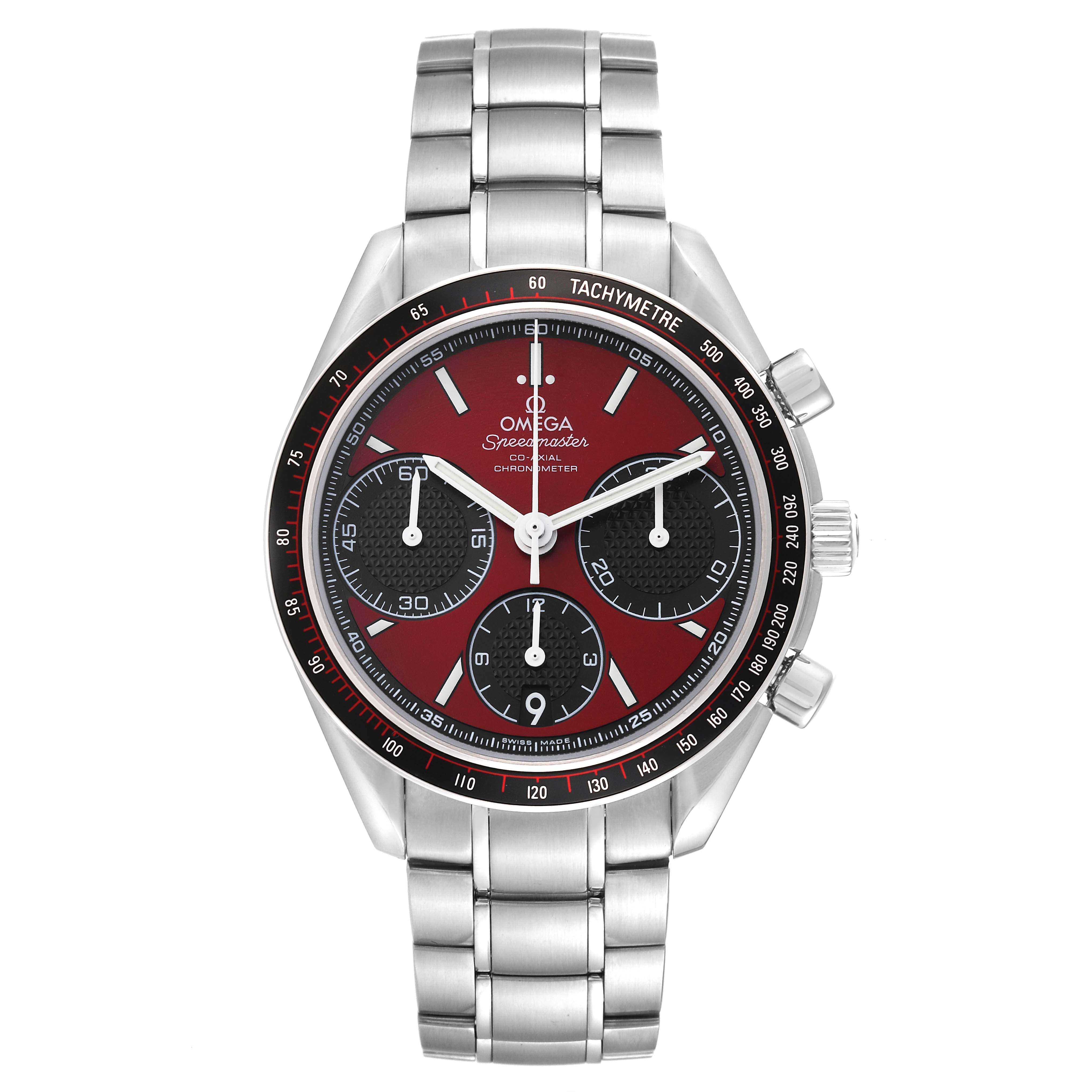 This Omega Speedmaster 326.30.40.50.11.001 Men
s Stainless Steel Red Dial 326.30.40.50.11.001 Men
s Stainless Steel Red Dial watch is shown from the front, highlighting its red dial, black subdials, and stainless steel bracelet.