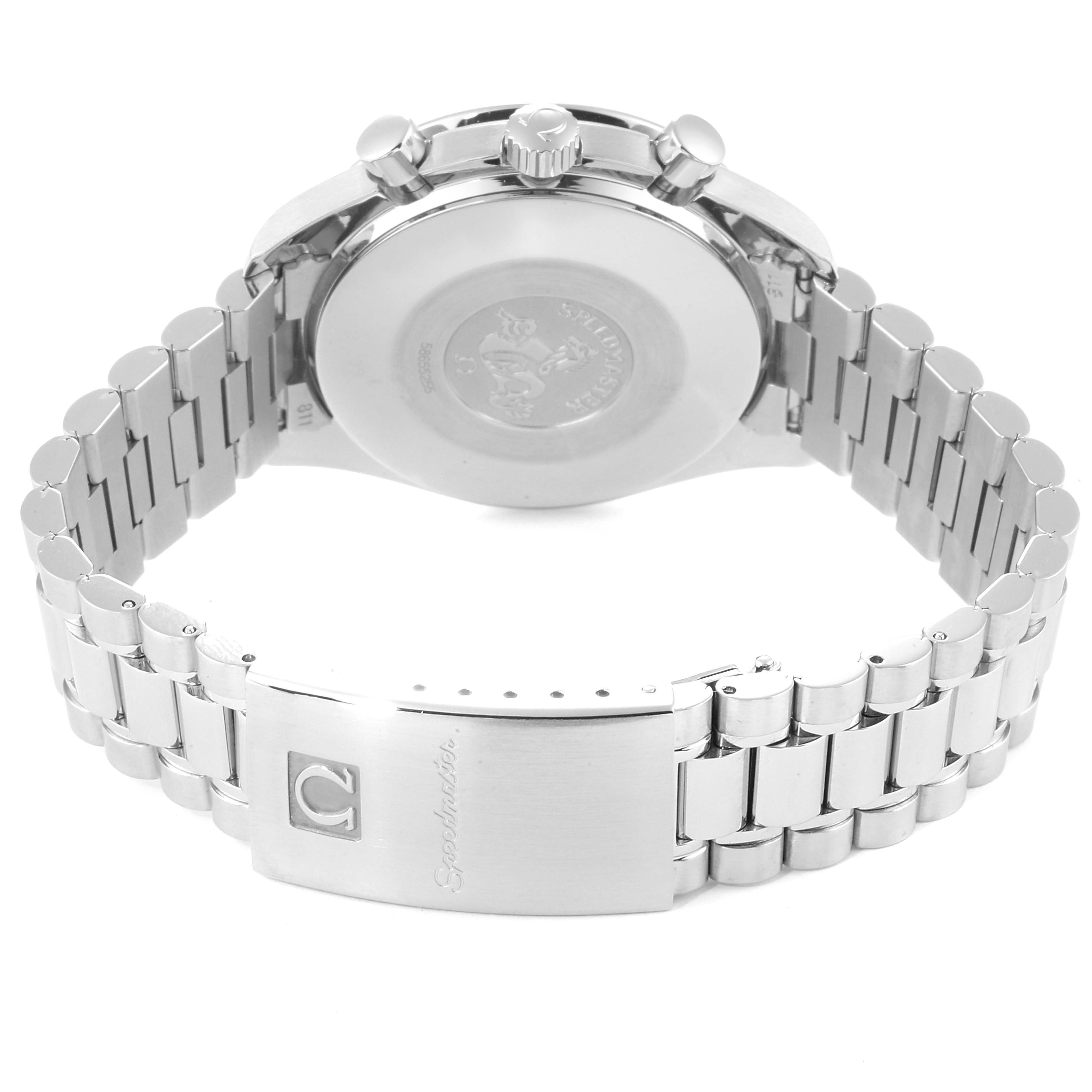 This image shows the back of an Omega Speedmaster 3510.50.00 Men
s Stainless Steel Black Dial 3510.50.00 Men
s Stainless Steel Black Dial watch, focusing on the caseback, crown, pushers, and metal bracelet with clasp.