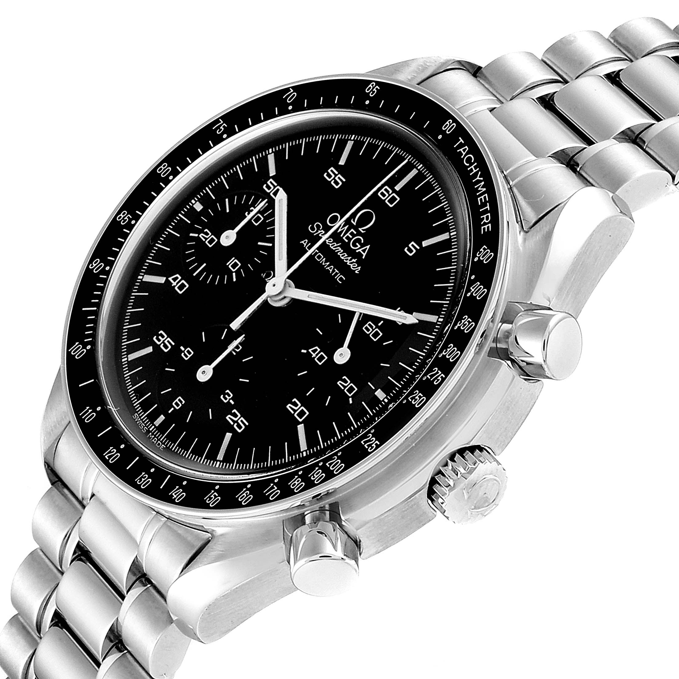The Omega Speedmaster 3510.50.00 Men
s Stainless Steel Black Dial 3510.50.00 Men
s Stainless Steel Black Dial watch is shown at a top-side angle, displaying its face, bezel, pushers, crown, and a portion of the bracelet.