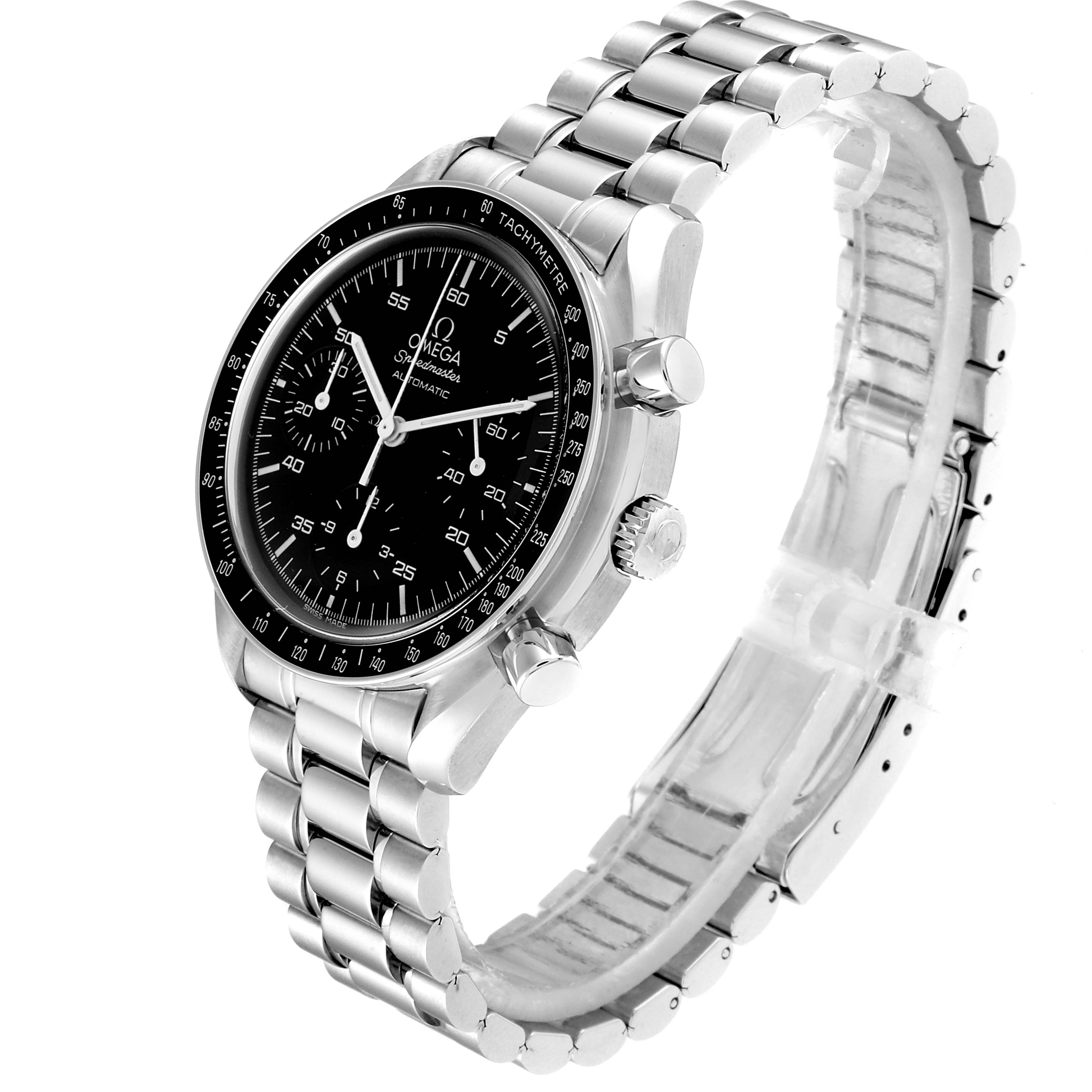 The image shows an Omega Speedmaster 3510.50.00 Men
s Stainless Steel Black Dial 3510.50.00 Men
s Stainless Steel Black Dial watch at a three-quarter angle, highlighting the face, bezel, band, and crown.