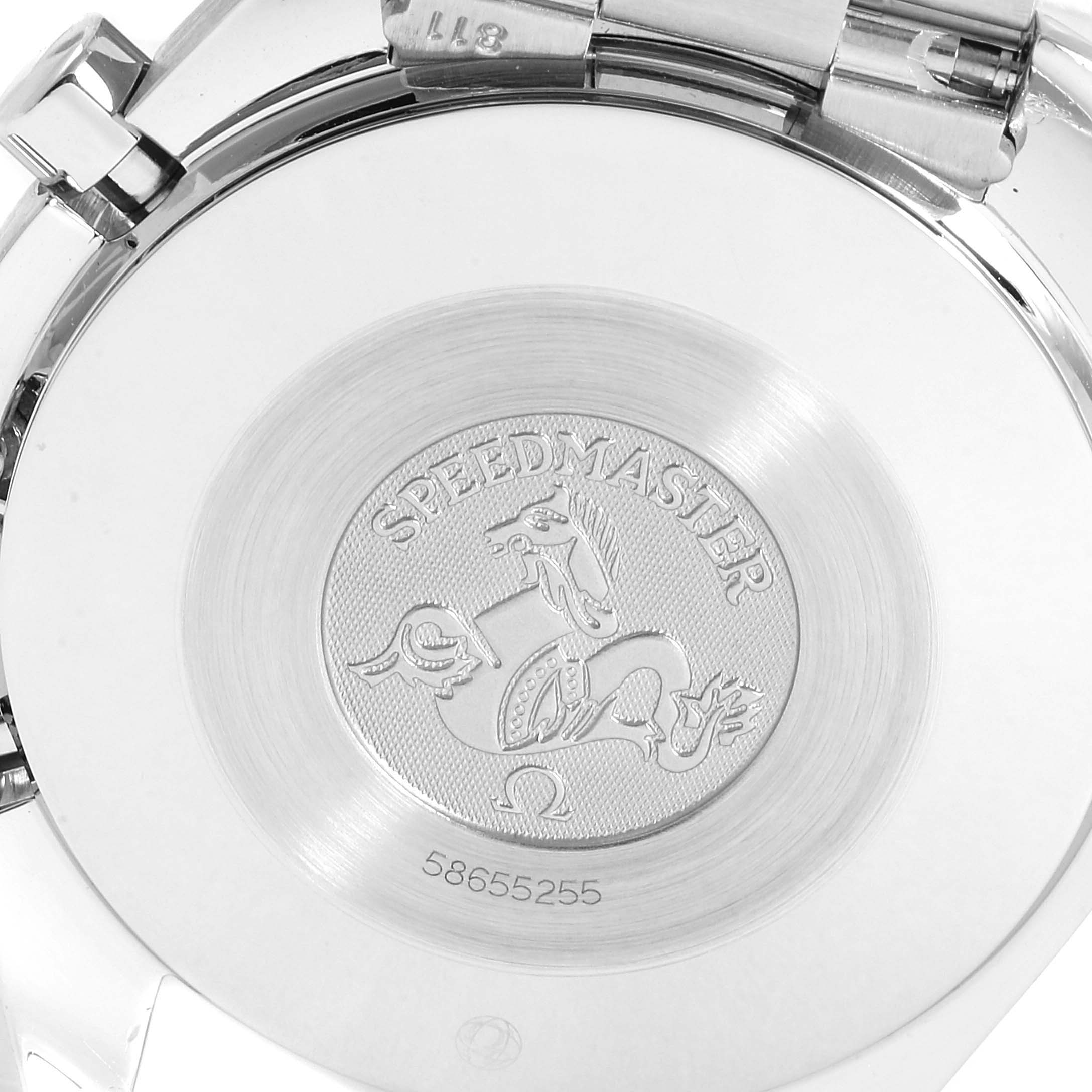 The image shows the back case of an Omega Speedmaster 3510.50.00 Men
s Stainless Steel Black Dial 3510.50.00 Men
s Stainless Steel Black Dial watch, featuring an embossed logo and serial number.