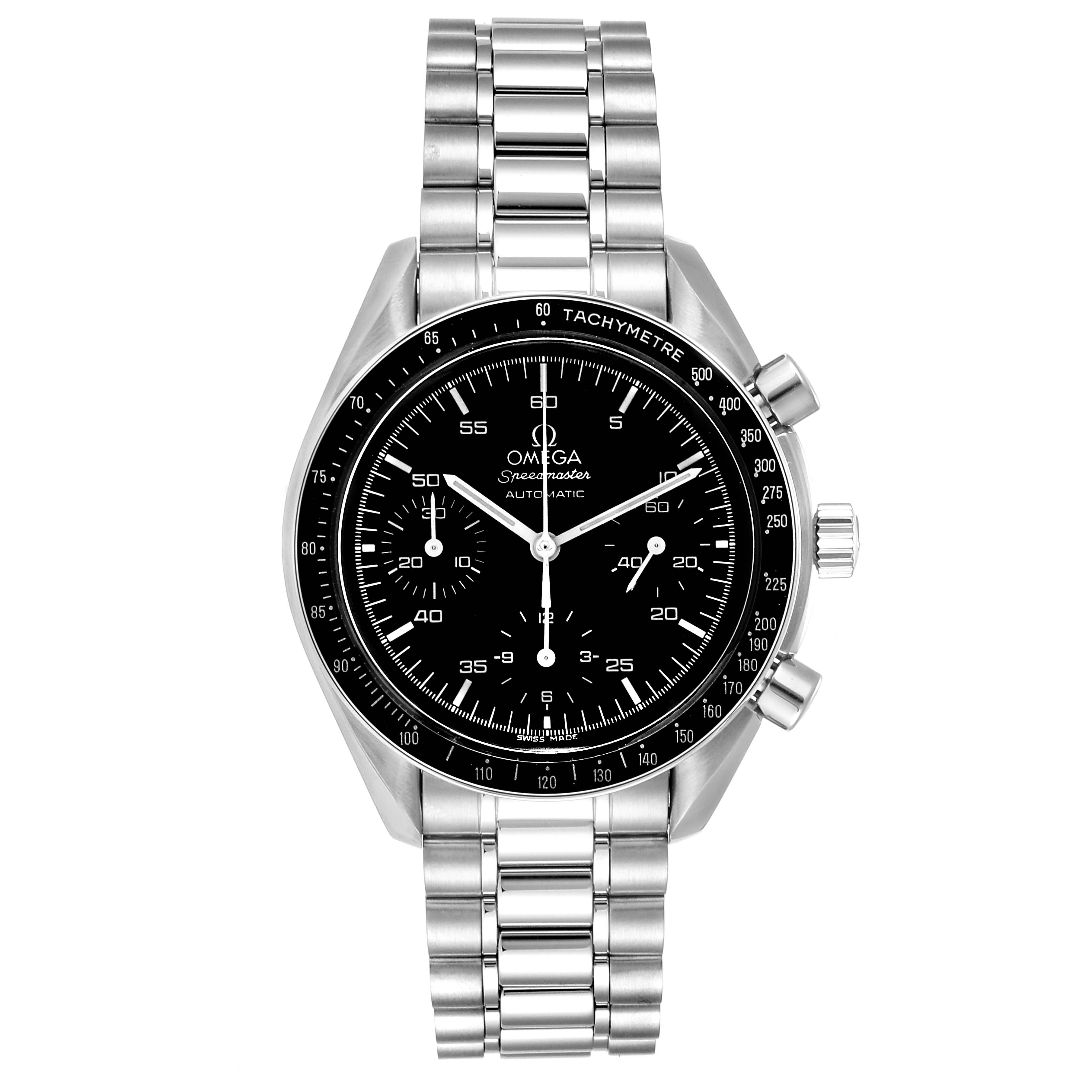 The image shows a front view of the Omega Speedmaster 3510.50.00 Men
s Stainless Steel Black Dial 3510.50.00 Men
s Stainless Steel Black Dial watch, displaying the dial, tachymeter bezel, and stainless steel bracelet.