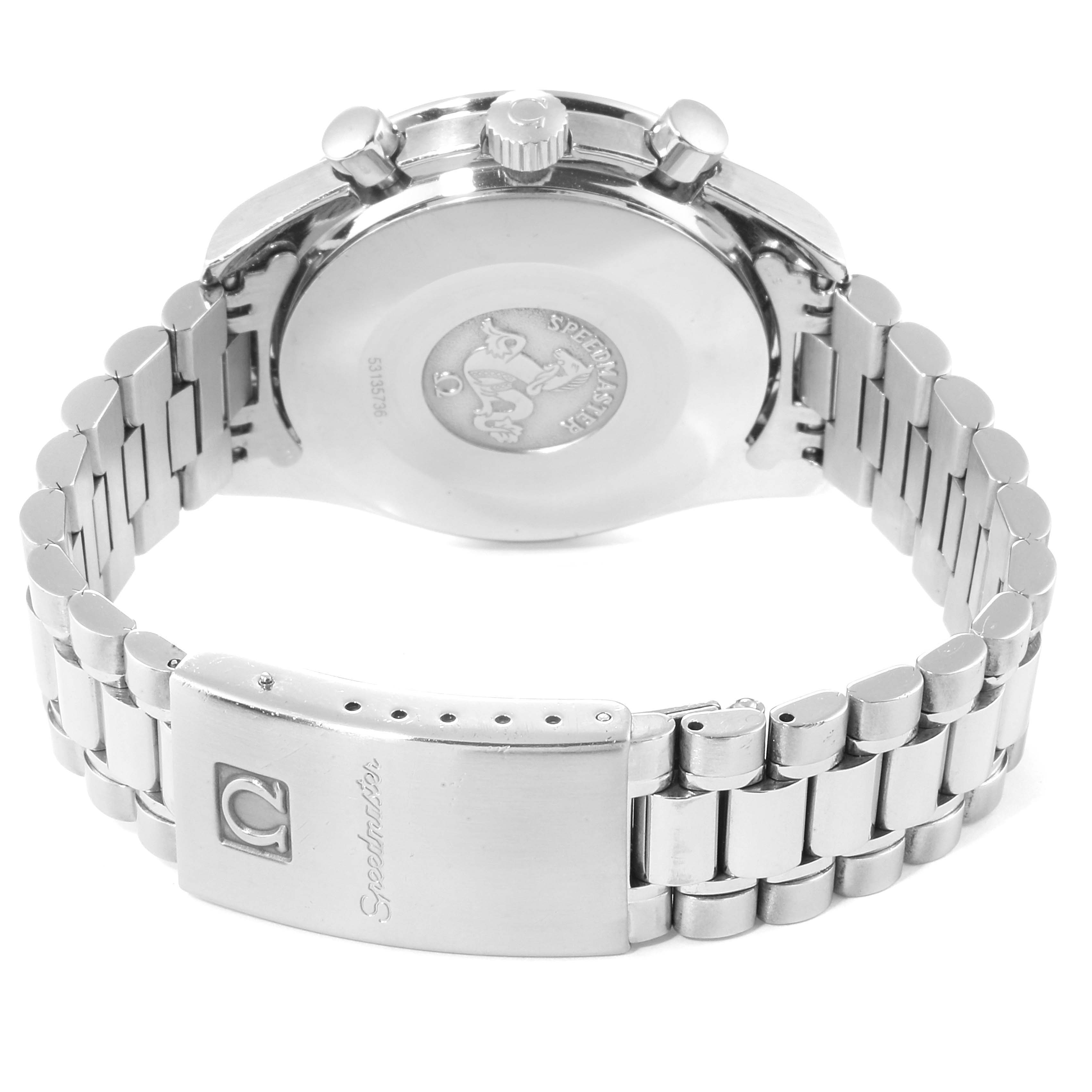 The Omega Speedmaster 3510.50.00 Men
s Stainless Steel Black Dial 3510.50.00 Men
s Stainless Steel Black Dial watch is shown from the rear, displaying the case back, crown, pushers, and metal bracelet with the clasp.