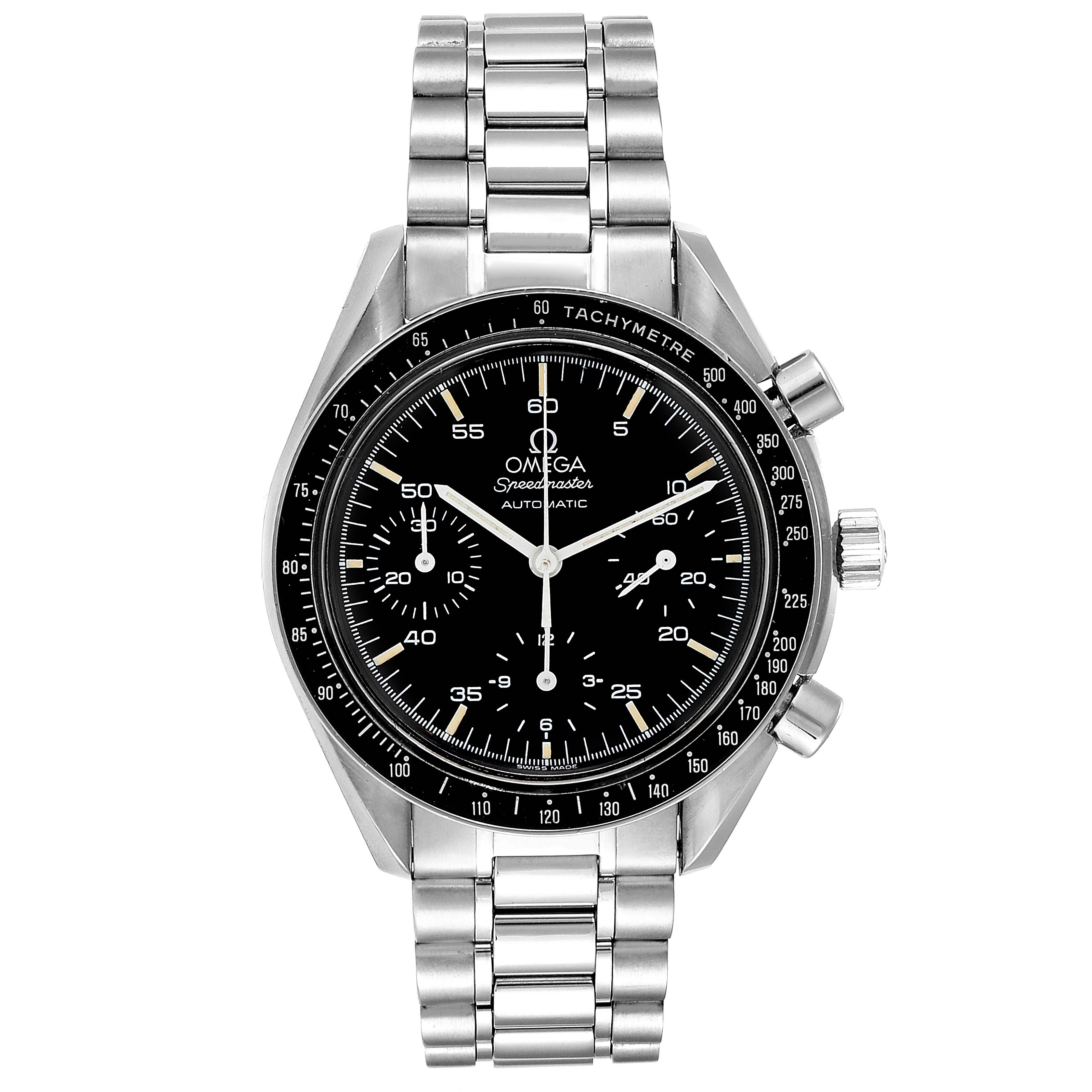 The image shows a frontal view of the Omega Speedmaster 3510.50.00 Men
s Stainless Steel Black Dial 3510.50.00 Men
s Stainless Steel Black Dial watch, displaying the face, bezel, and stainless steel bracelet.