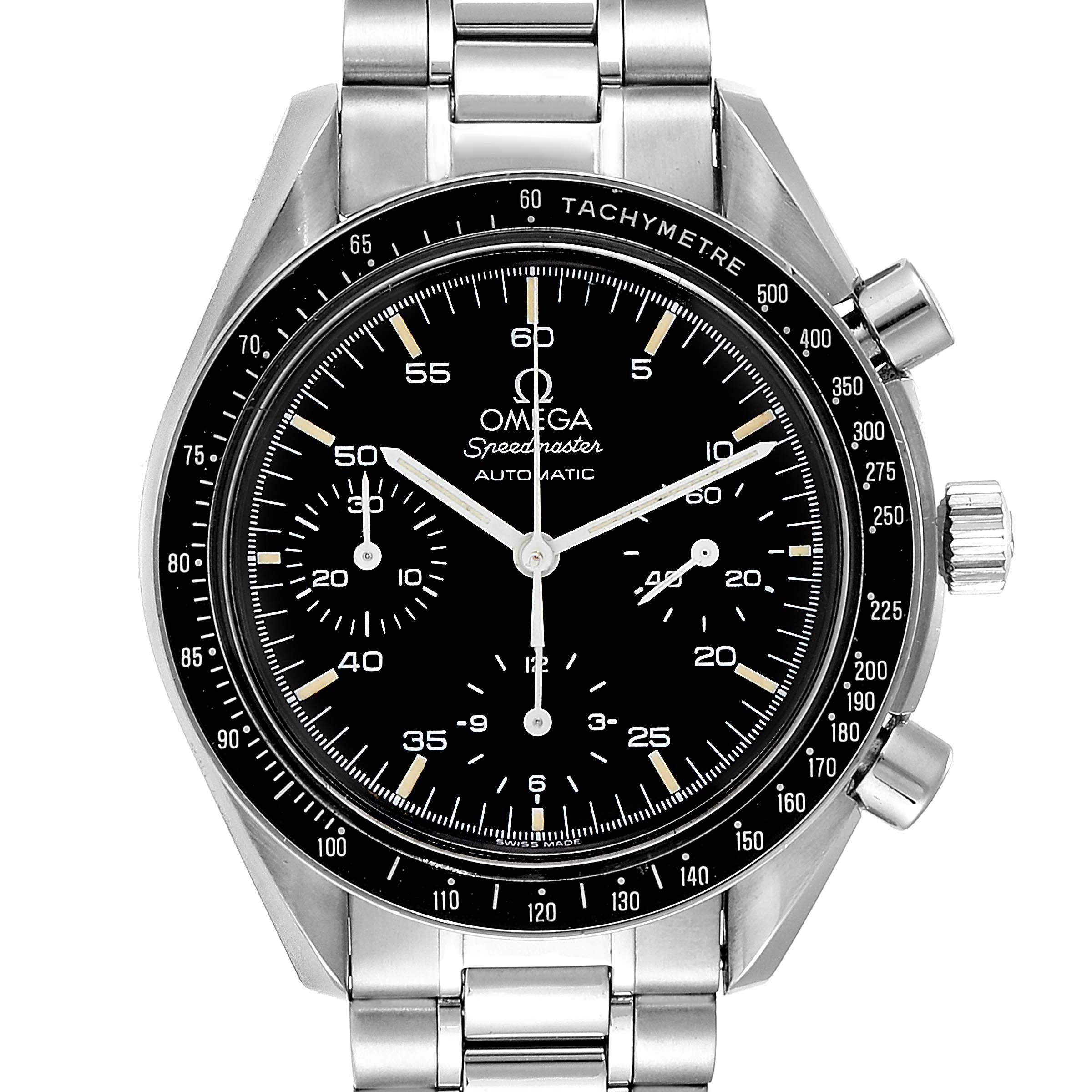 The image shows a frontal view of the Omega Speedmaster 3510.50.00 Men
s Stainless Steel Black Dial 3510.50.00 Men
s Stainless Steel Black Dial watch, highlighting its dial, tachymeter bezel, and stainless steel bracelet.