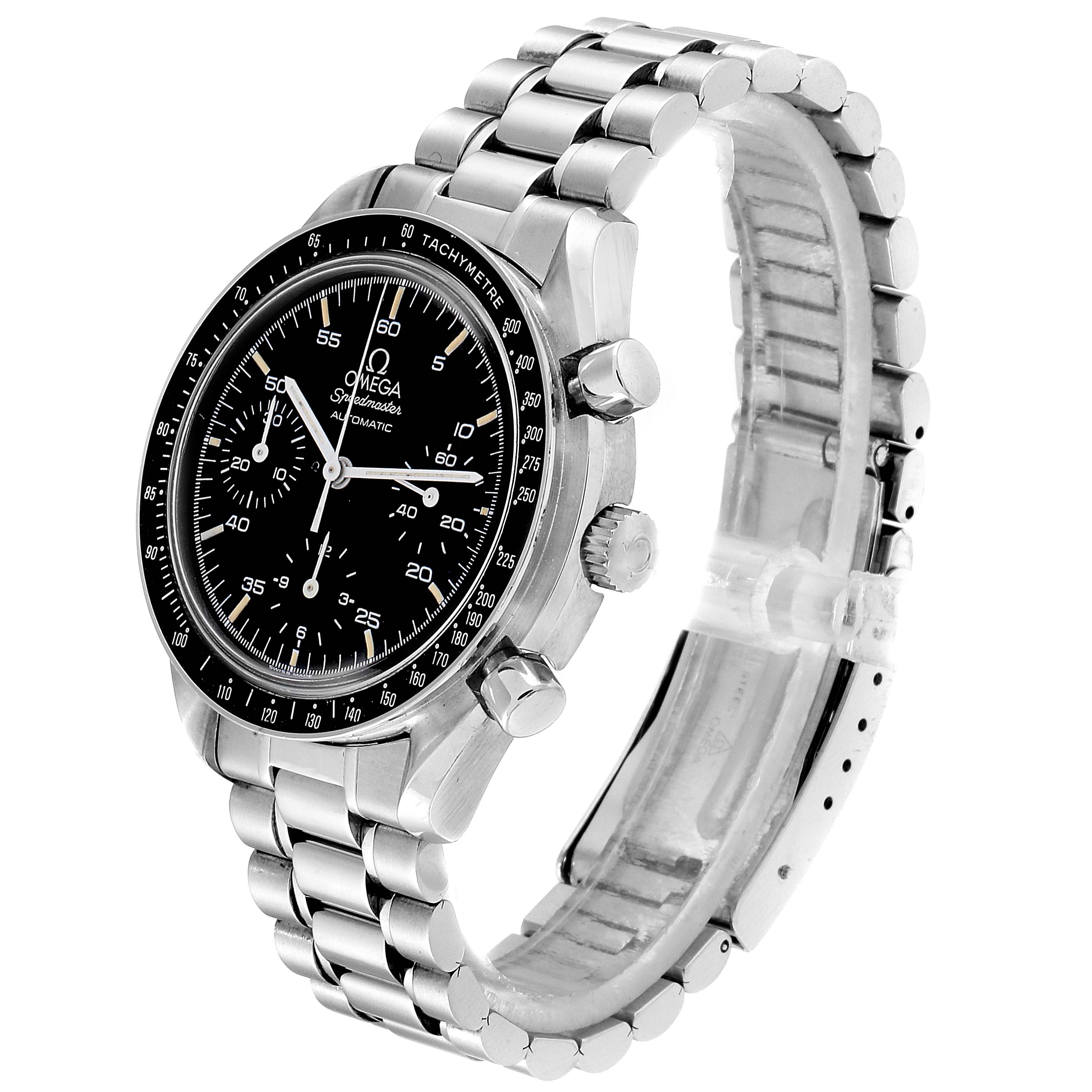 This image shows a side angle of the Omega Speedmaster 3510.50.00 Men
s Stainless Steel Black Dial 3510.50.00 Men
s Stainless Steel Black Dial, displaying its face, bezel, crown, pushers, and stainless steel bracelet.