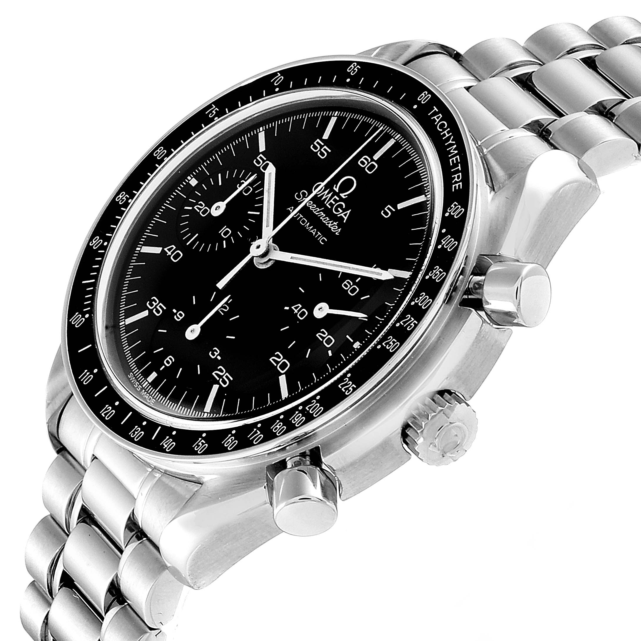 The image shows an angled close-up of an Omega Speedmaster 3510.50.00 Men
s Stainless Steel Black Dial 3510.50.00 Men
s Stainless Steel Black Dial watch, featuring its bezel, dial, crown, pushers, and metal bracelet.