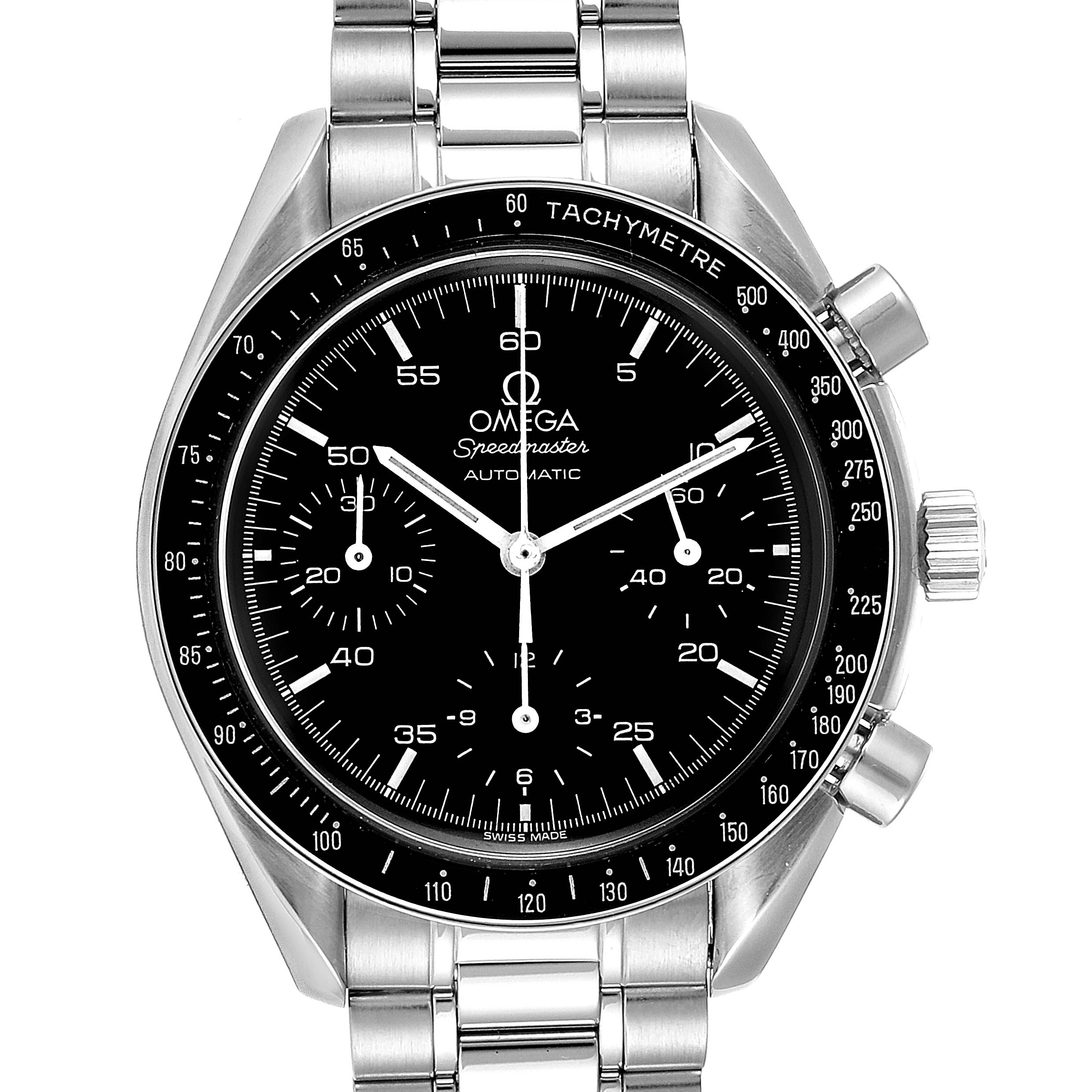 This image shows a front view of an Omega Speedmaster 3510.50.00 Men
s Stainless Steel Black Dial 3510.50.00 Men
s Stainless Steel Black Dial watch displaying its dial, tachymeter bezel, pushers, and bracelet.
