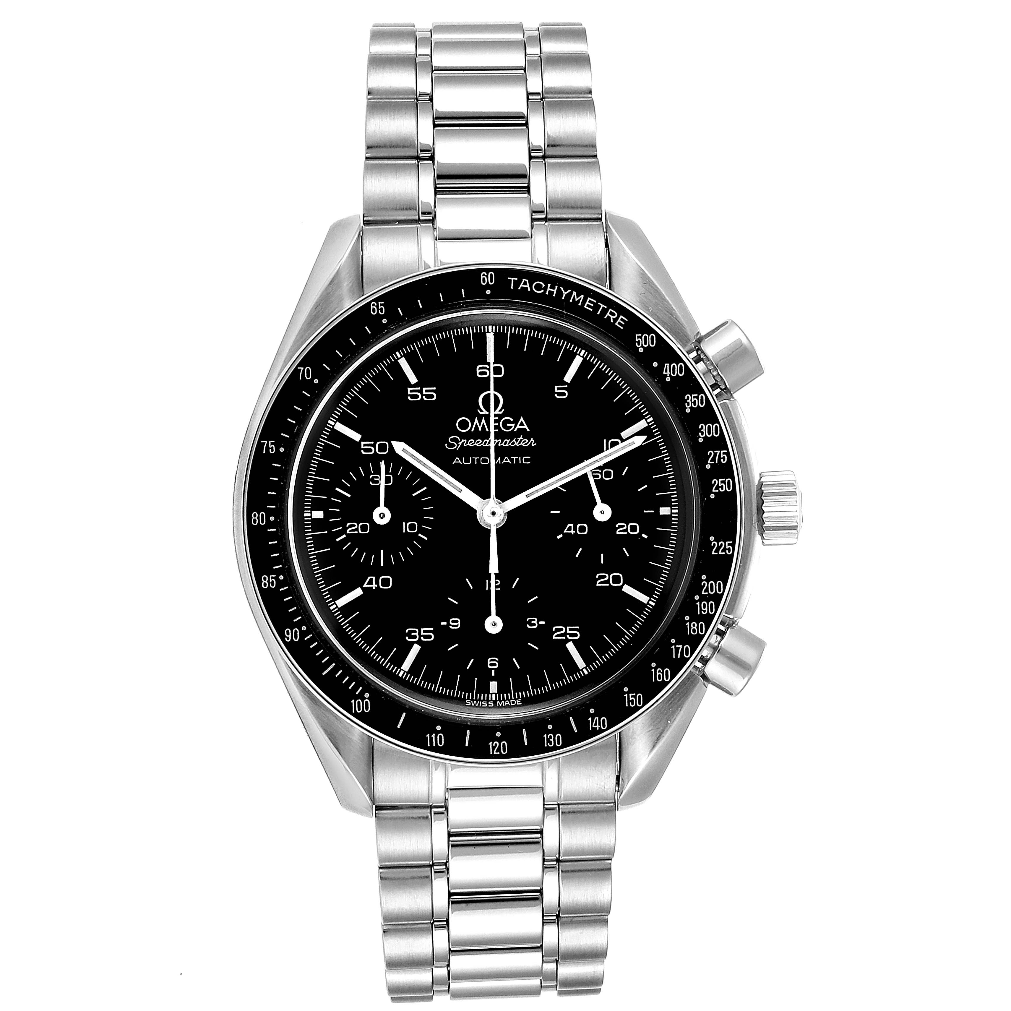The image shows a frontal view of an Omega Speedmaster 3510.50.00 Men
s Stainless Steel Black Dial 3510.50.00 Men
s Stainless Steel Black Dial watch, displaying its black dial, bezel, chronograph subdials, and stainless steel bracelet.