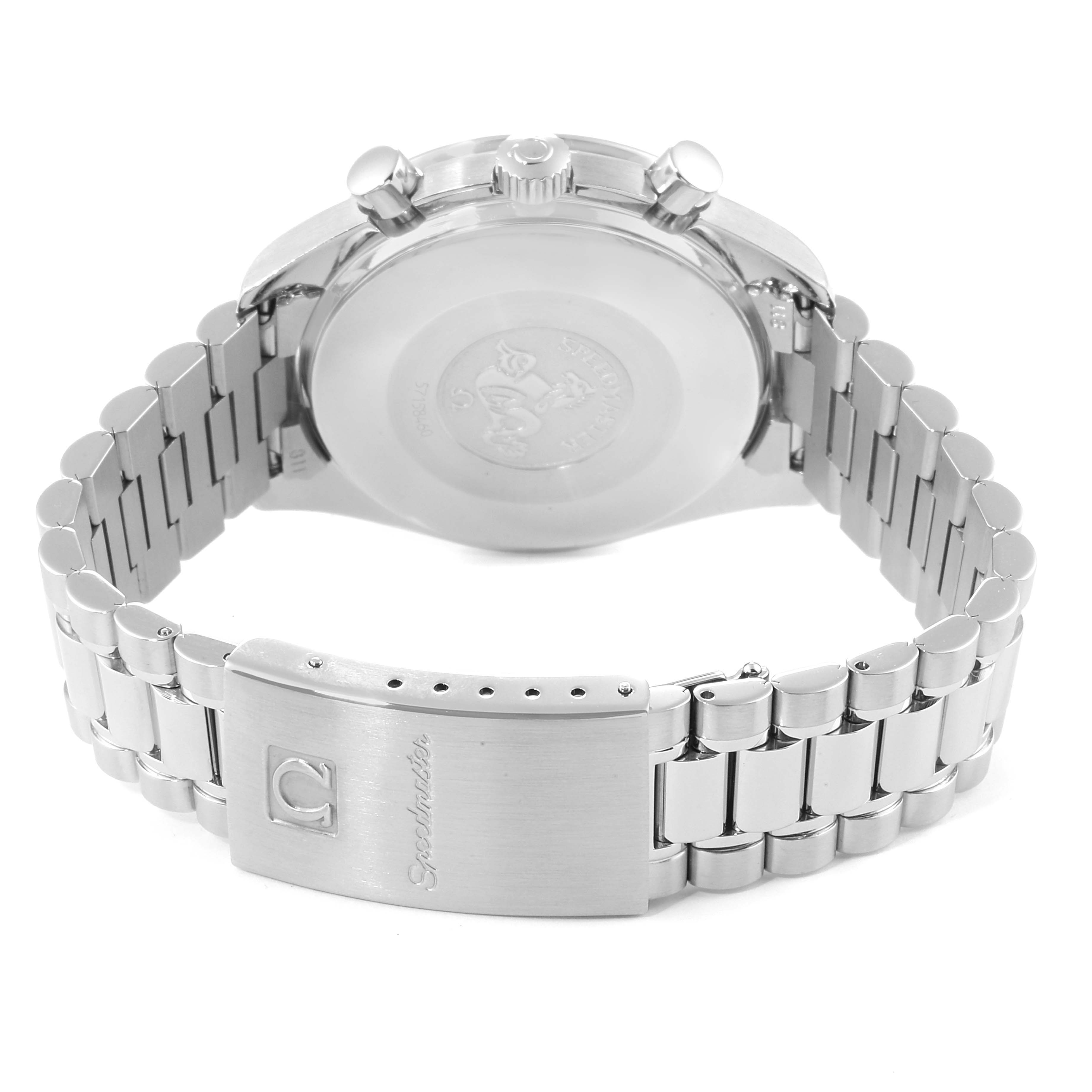 The image shows the back view of an Omega Speedmaster 3510.50.00 Men
s Stainless Steel Black Dial 3510.50.00 Men
s Stainless Steel Black Dial watch, highlighting the case back, bracelet, and clasp.