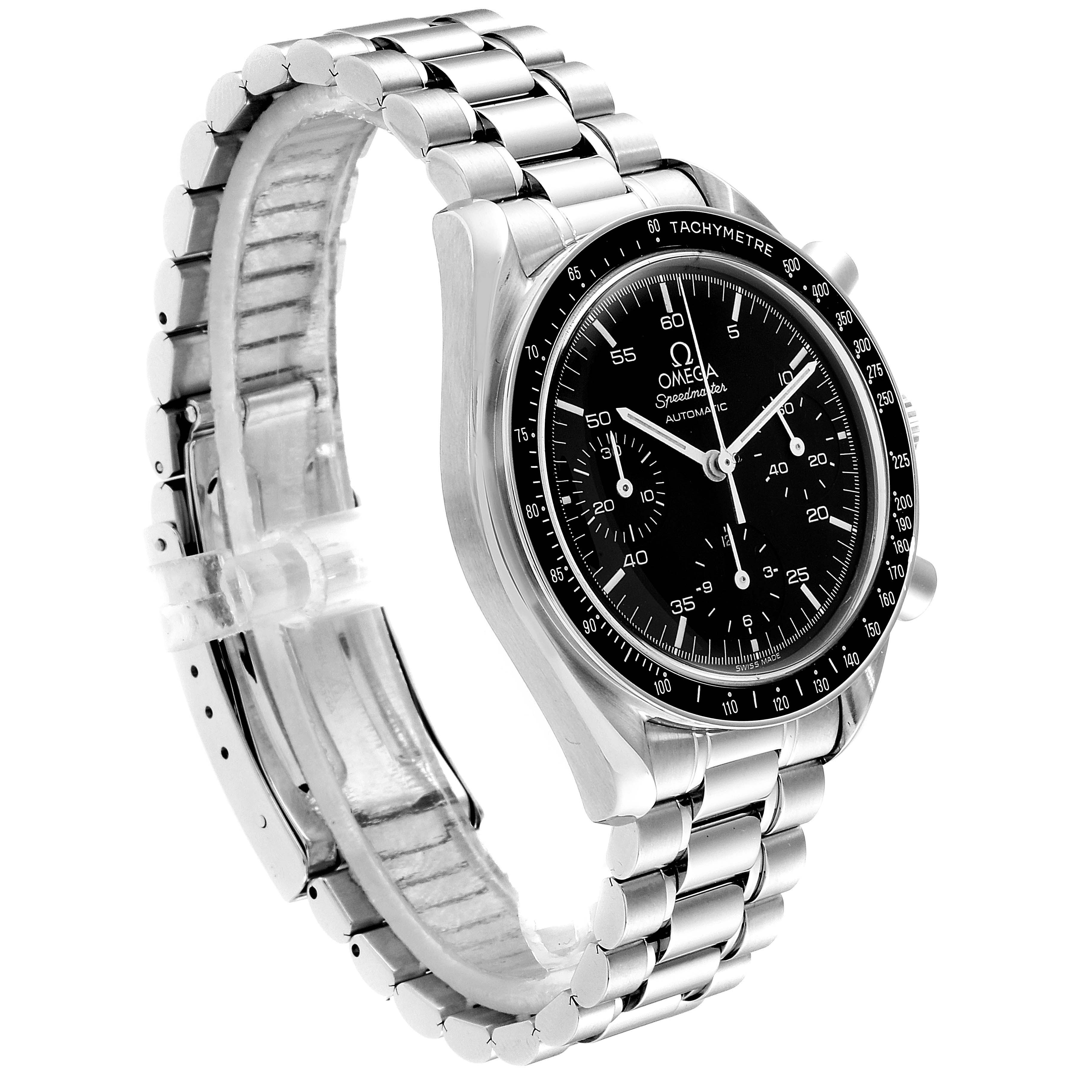 The image shows an Omega Speedmaster 3510.50.00 Men
s Stainless Steel Black Dial 3510.50.00 Men
s Stainless Steel Black Dial watch at an angle highlighting its dial, tachymeter bezel, and stainless steel bracelet.