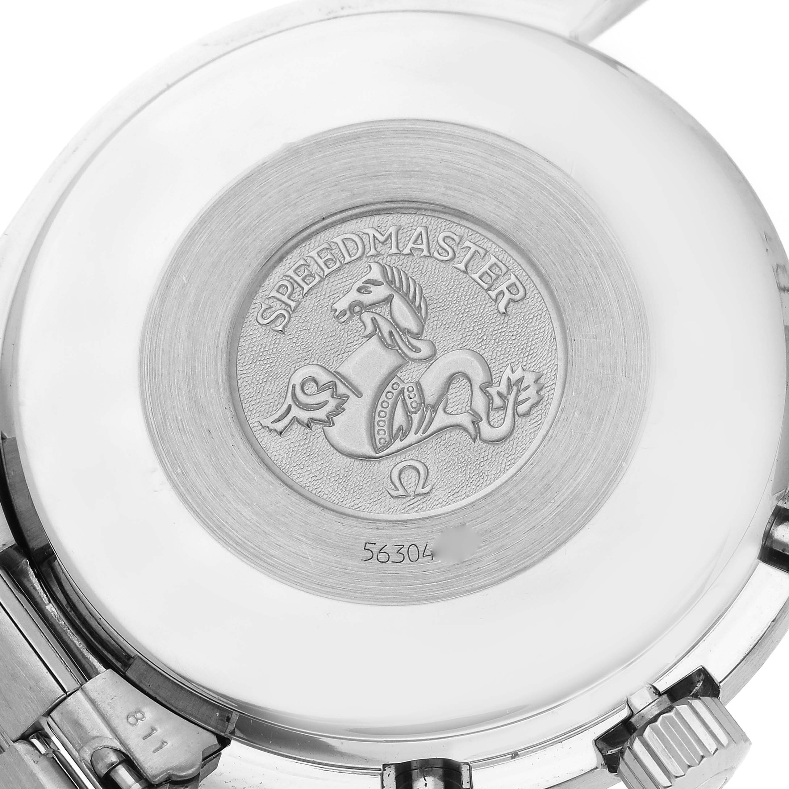 The image shows the back case of an Omega Speedmaster 3510.12.00 Men's Stainless Steel Yellow Dial 3510.12.00 Men's Stainless Steel Yellow Dial watch, highlighting the engraved emblem and part of the bracelet.