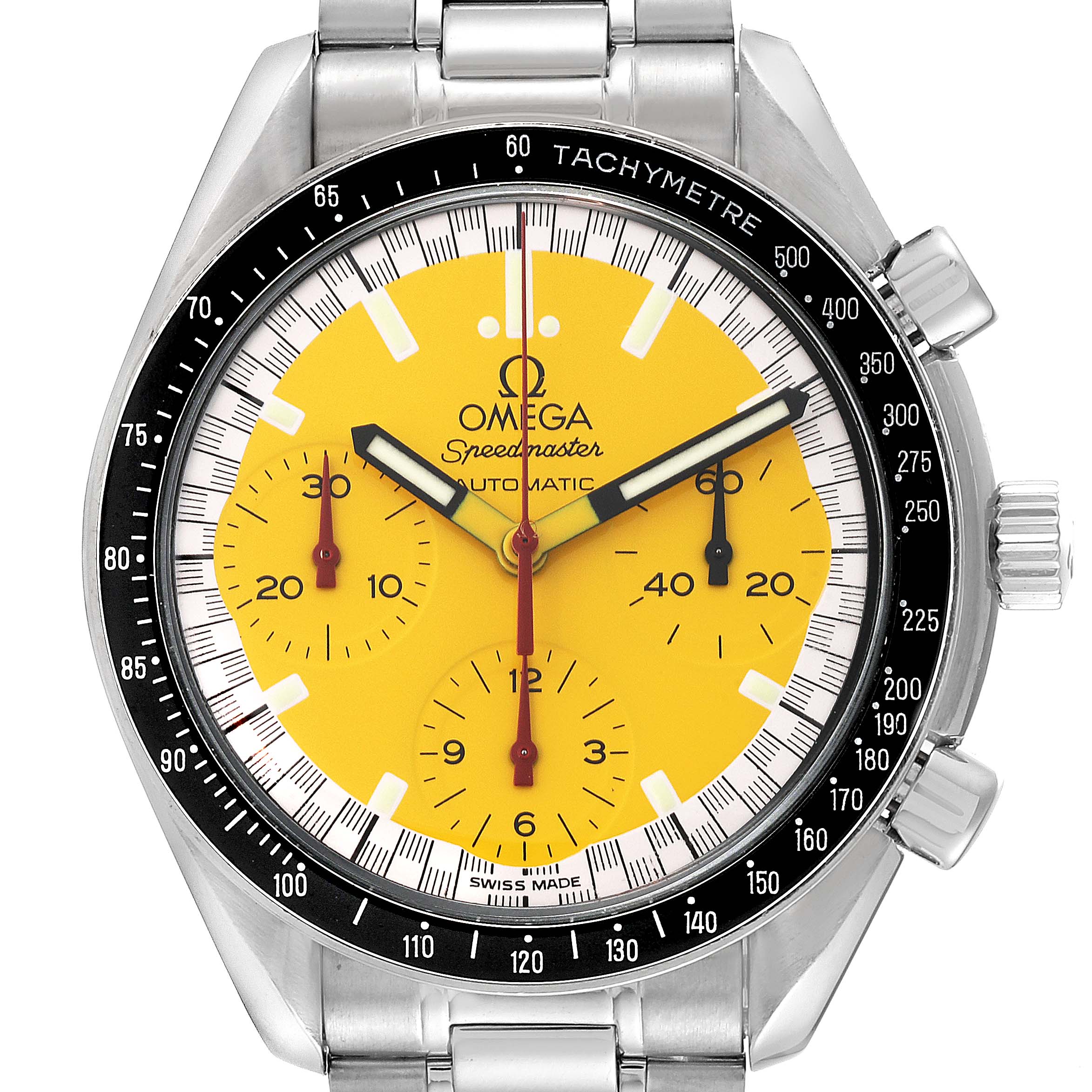This is a frontal view of an Omega Speedmaster 3510.12.00 Men's Stainless Steel Yellow Dial 3510.12.00 Men's Stainless Steel Yellow Dial watch, showcasing its yellow dial, chronograph subdials, and tachymeter bezel.