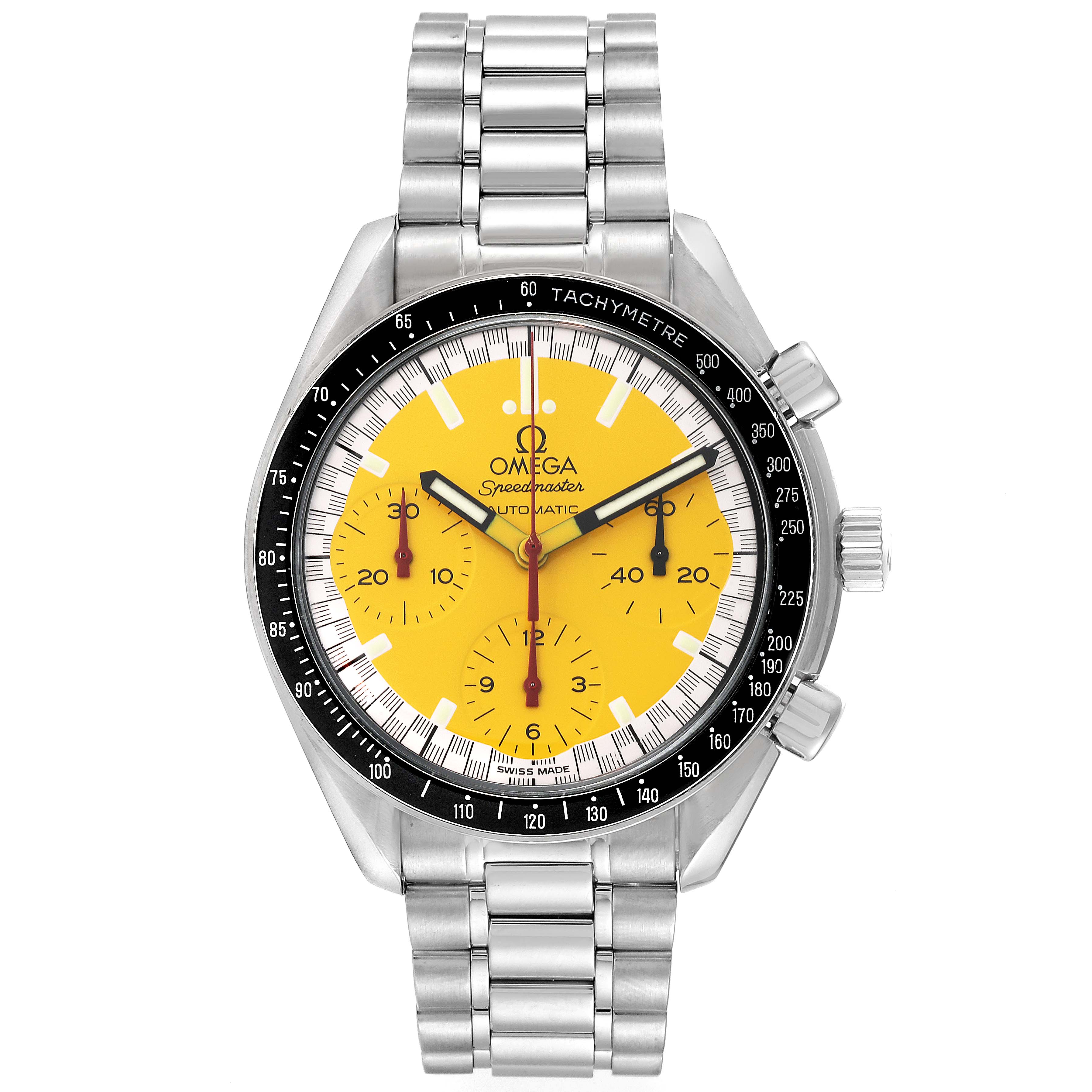 The Omega Speedmaster 3510.12.00 Men's Stainless Steel Yellow Dial 3510.12.00 Men's Stainless Steel Yellow Dial watch is shown from a front angle, displaying its yellow dial, tachymeter bezel, and stainless steel bracelet.