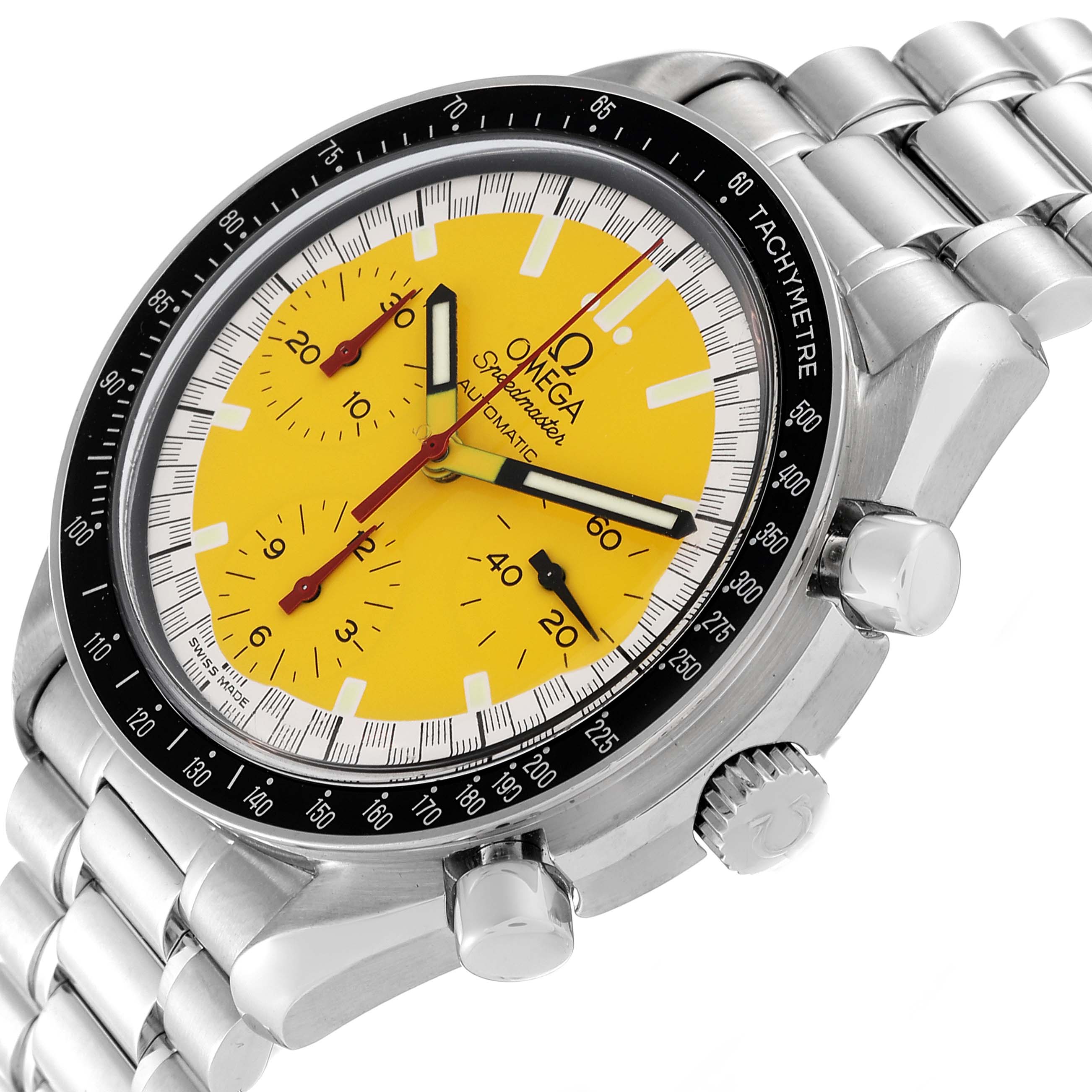 This image shows an Omega Speedmaster 3510.12.00 Men's Stainless Steel Yellow Dial 3510.12.00 Men's Stainless Steel Yellow Dial watch at an angled side view, highlighting its yellow dial, stainless steel bracelet, and tachymeter bezel.