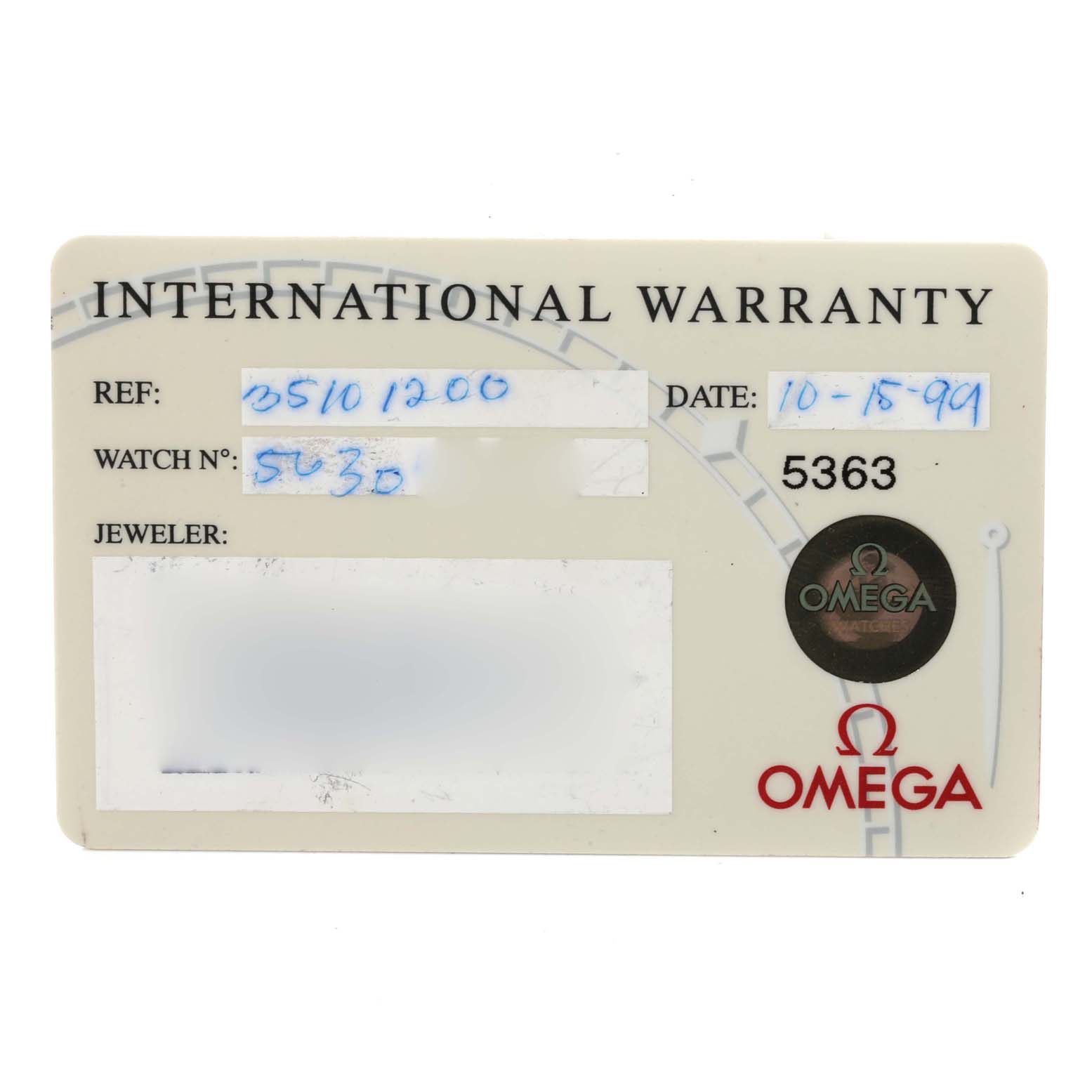 This is an Omega Speedmaster 3510.12.00 Men's Stainless Steel Yellow Dial 3510.12.00 Men's Stainless Steel Yellow Dial international warranty card, showing reference number, watch number, jeweler information, and date of purchase.