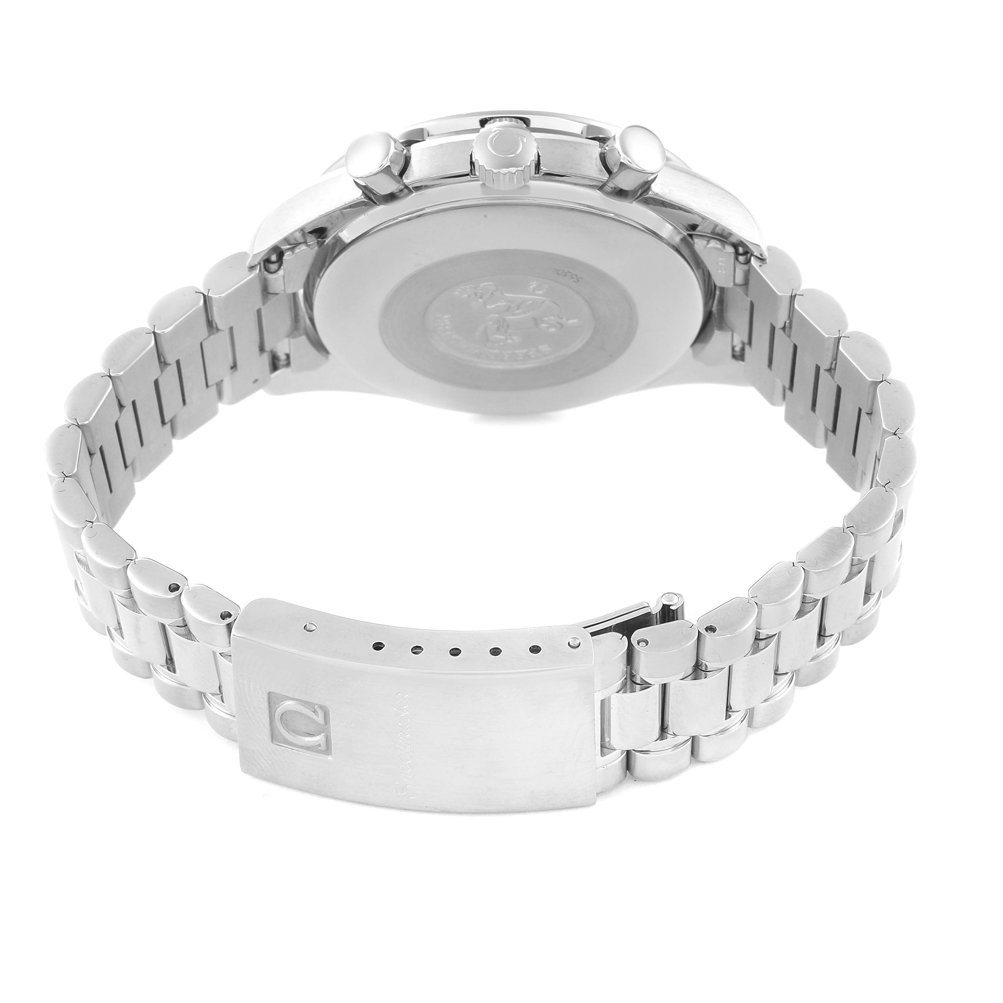 The image shows the back and clasp of an Omega Speedmaster 3510.12.00 Men's Stainless Steel Yellow Dial 3510.12.00 Men's Stainless Steel Yellow Dial watch, highlighting its metal bracelet and case back.