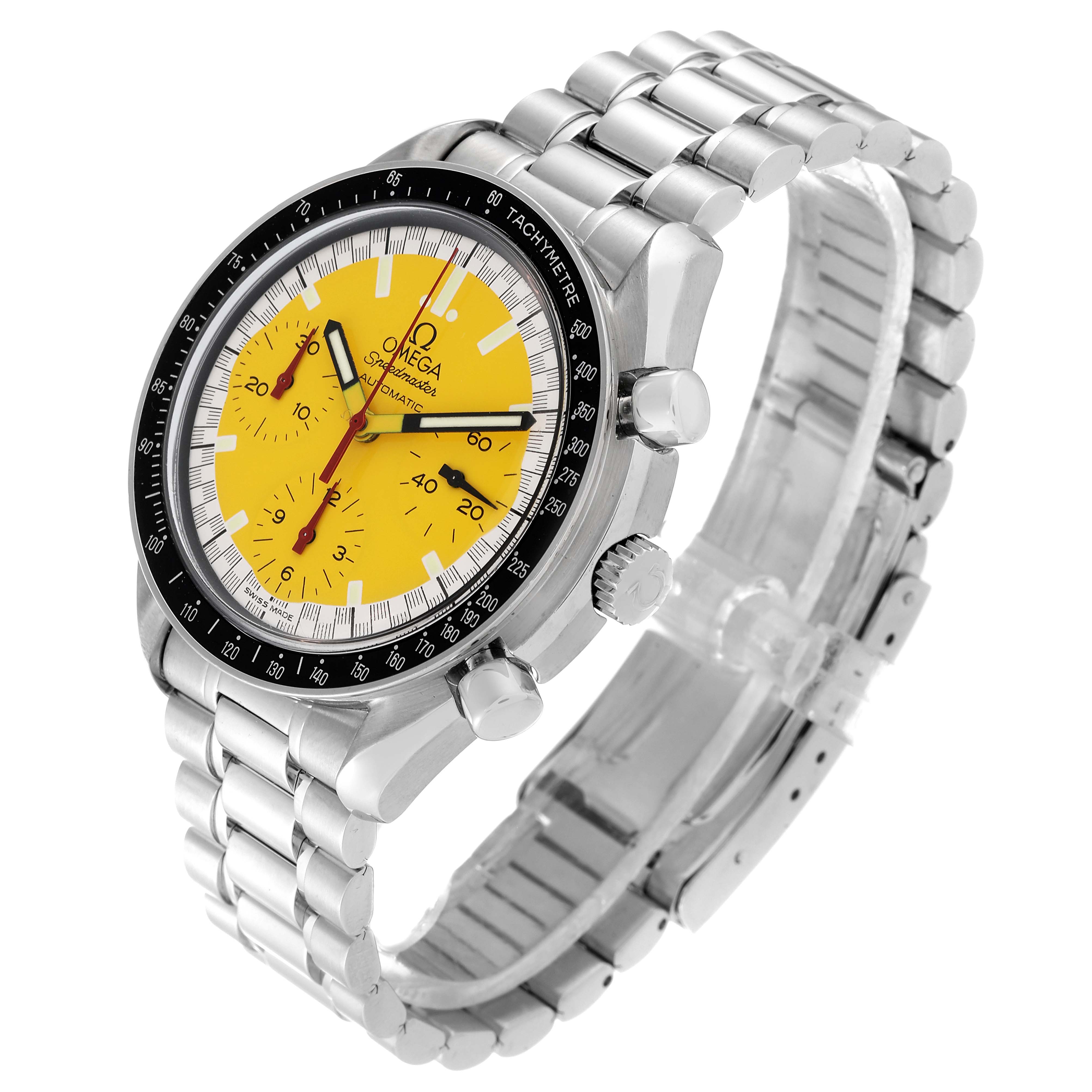 The Omega Speedmaster 3510.12.00 Men's Stainless Steel Yellow Dial 3510.12.00 Men's Stainless Steel Yellow Dial watch is shown at a three-quarter angle, highlighting its yellow dial, tachymeter bezel, and metal bracelet.