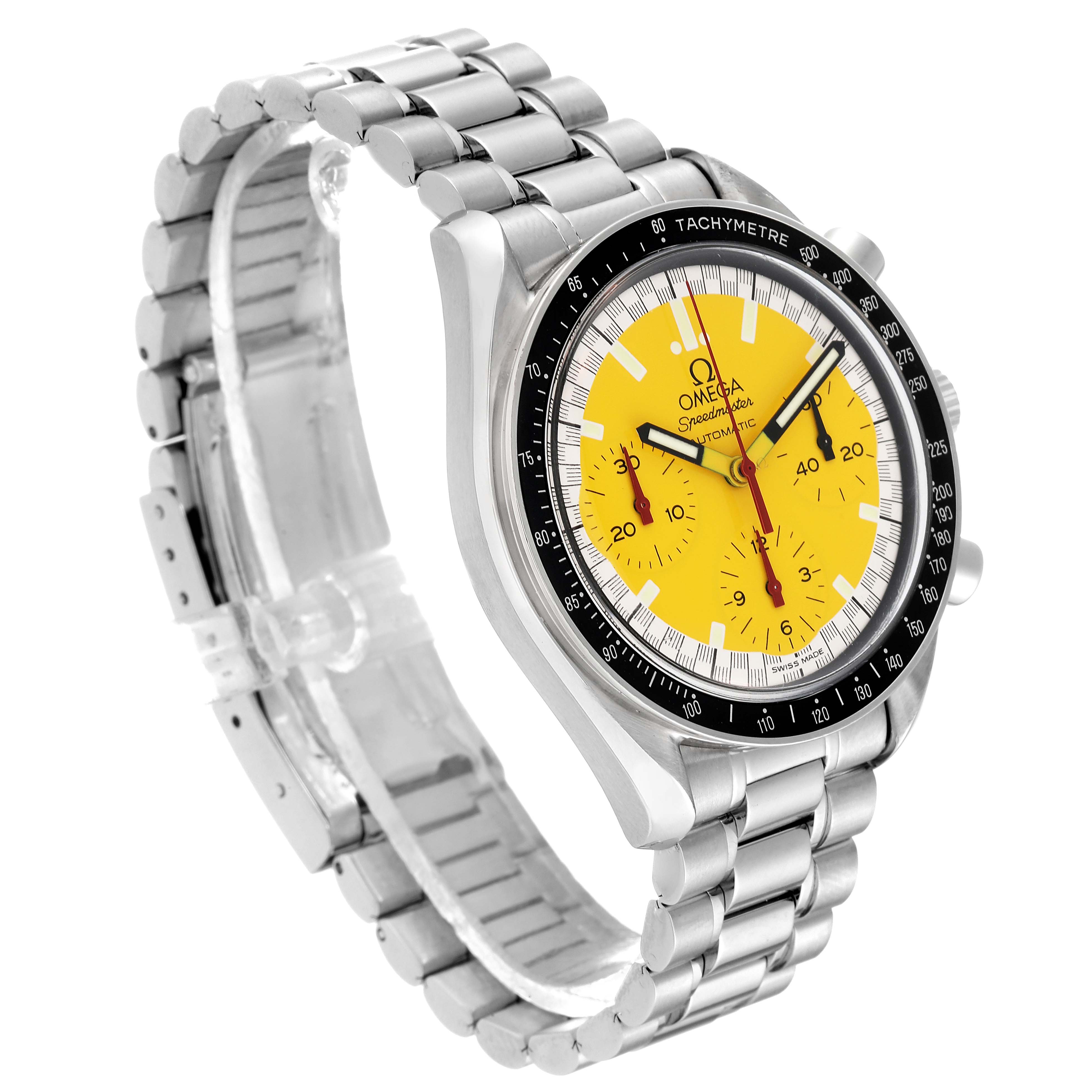 The image shows a side angle of an Omega Speedmaster 3510.12.00 Men's Stainless Steel Yellow Dial 3510.12.00 Men's Stainless Steel Yellow Dial watch with a stainless steel bracelet and a yellow dial.