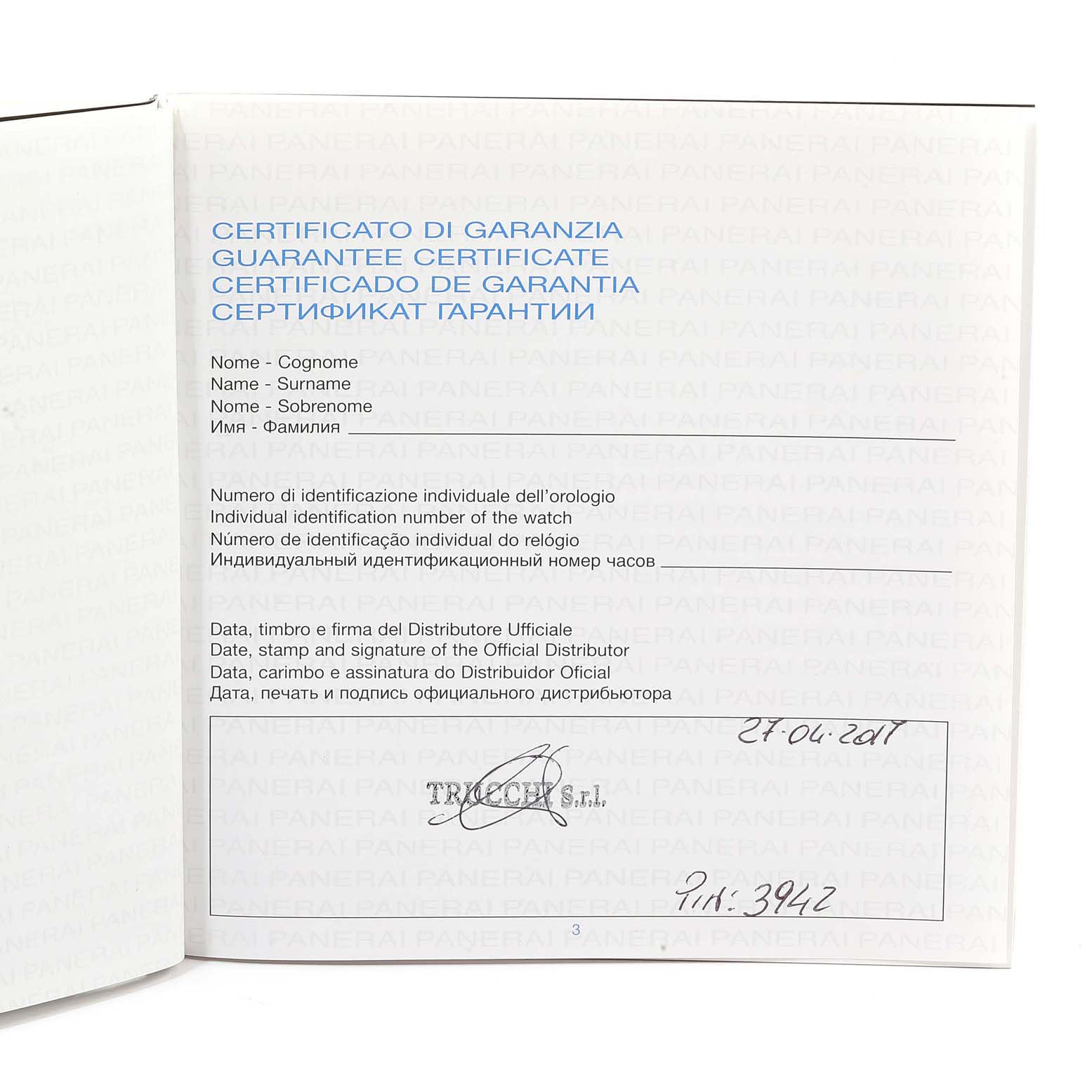 This image shows the guarantee certificate for a Panerai Luminor PAM00533 Men
s Stainless Steel Black Dial PAM00533 Men
s Stainless Steel Black Dial watch, detailing the name, identification number, and distributor signature.