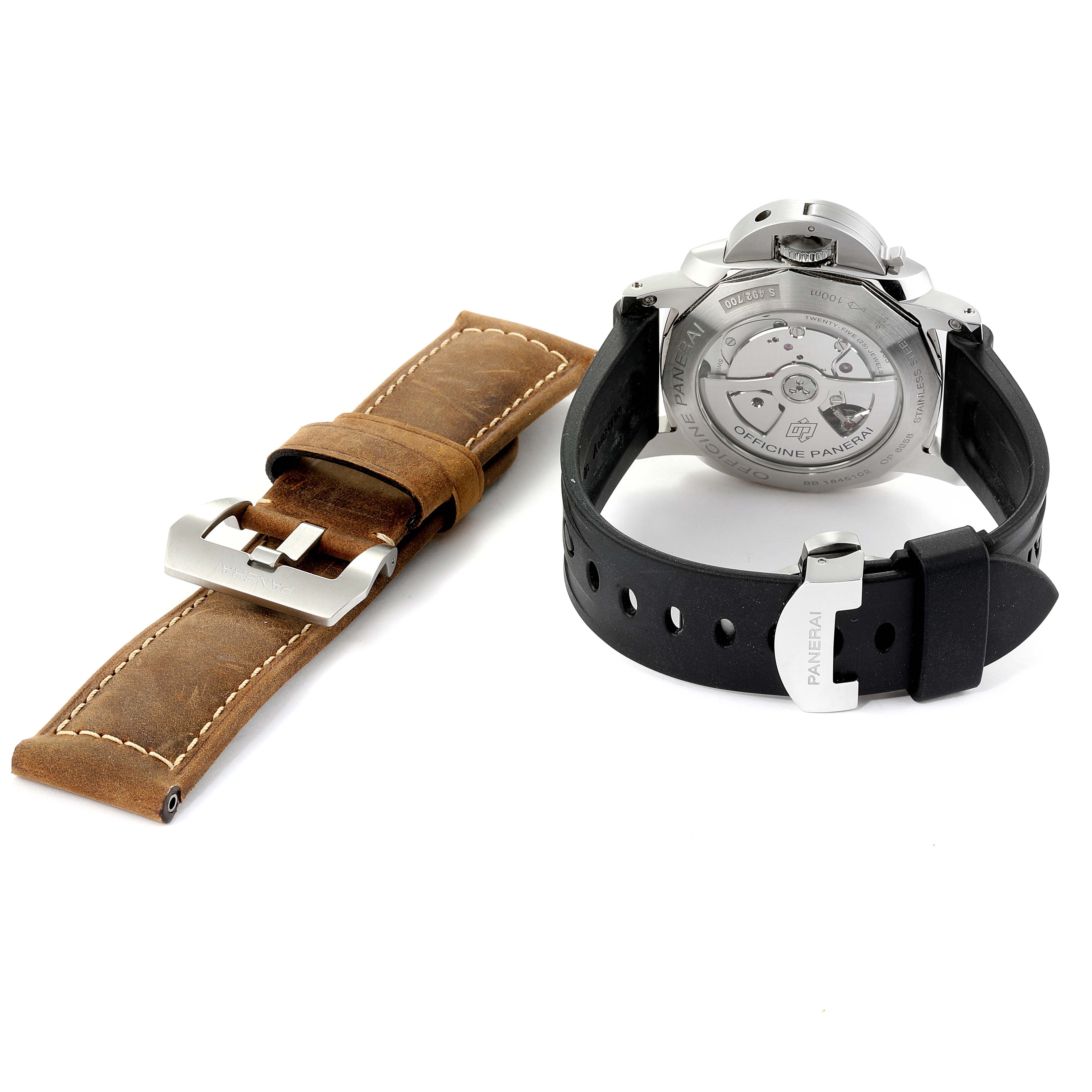 The image shows the back view of a Panerai Luminor PAM00533 Men
s Stainless Steel Black Dial PAM00533 Men
s Stainless Steel Black Dial watch with two different straps, one rubber and one leather.