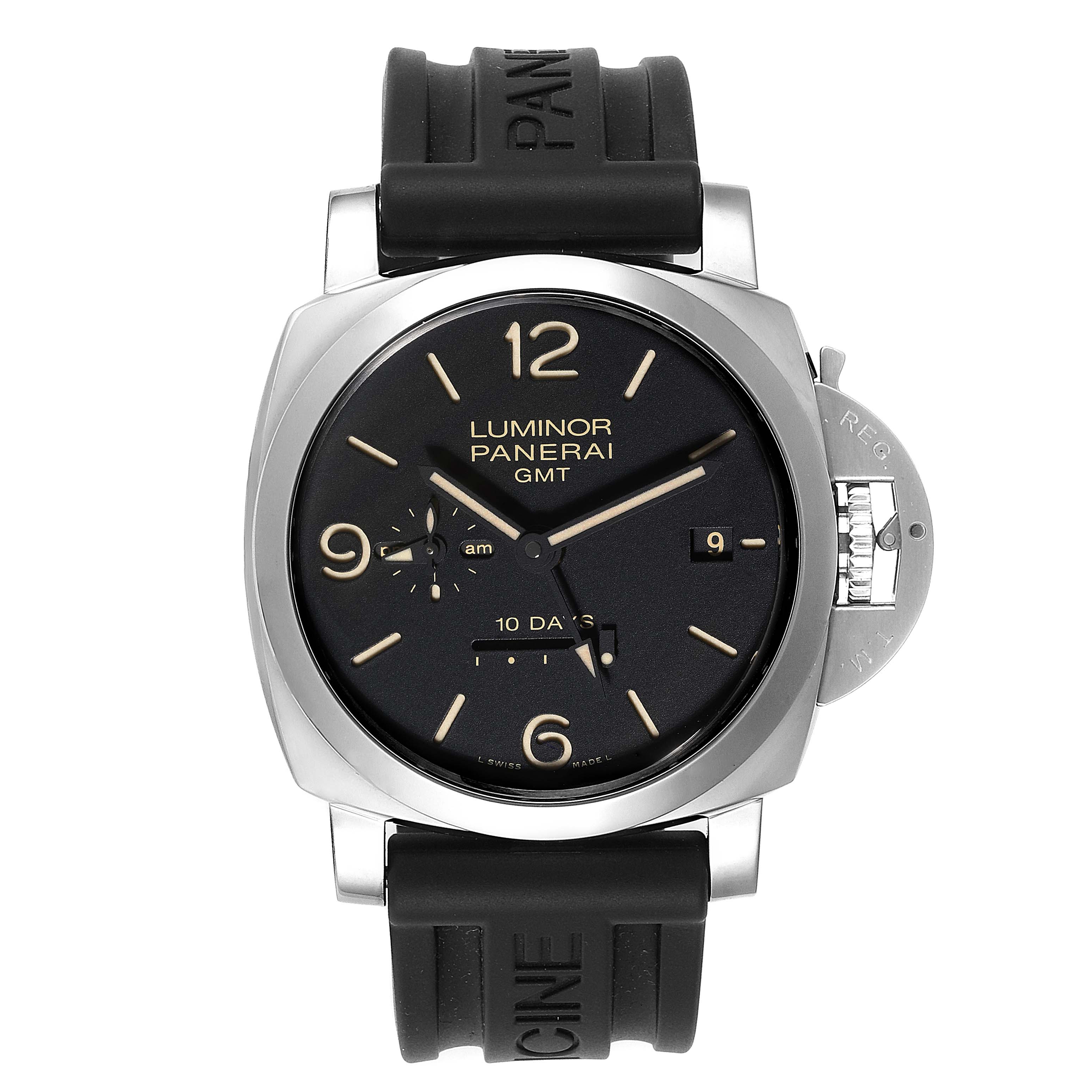 The image shows a frontal view of the Panerai Luminor PAM00533 Men
s Stainless Steel Black Dial PAM00533 Men
s Stainless Steel Black Dial GMT watch, highlighting the dial, case, and rubber strap.