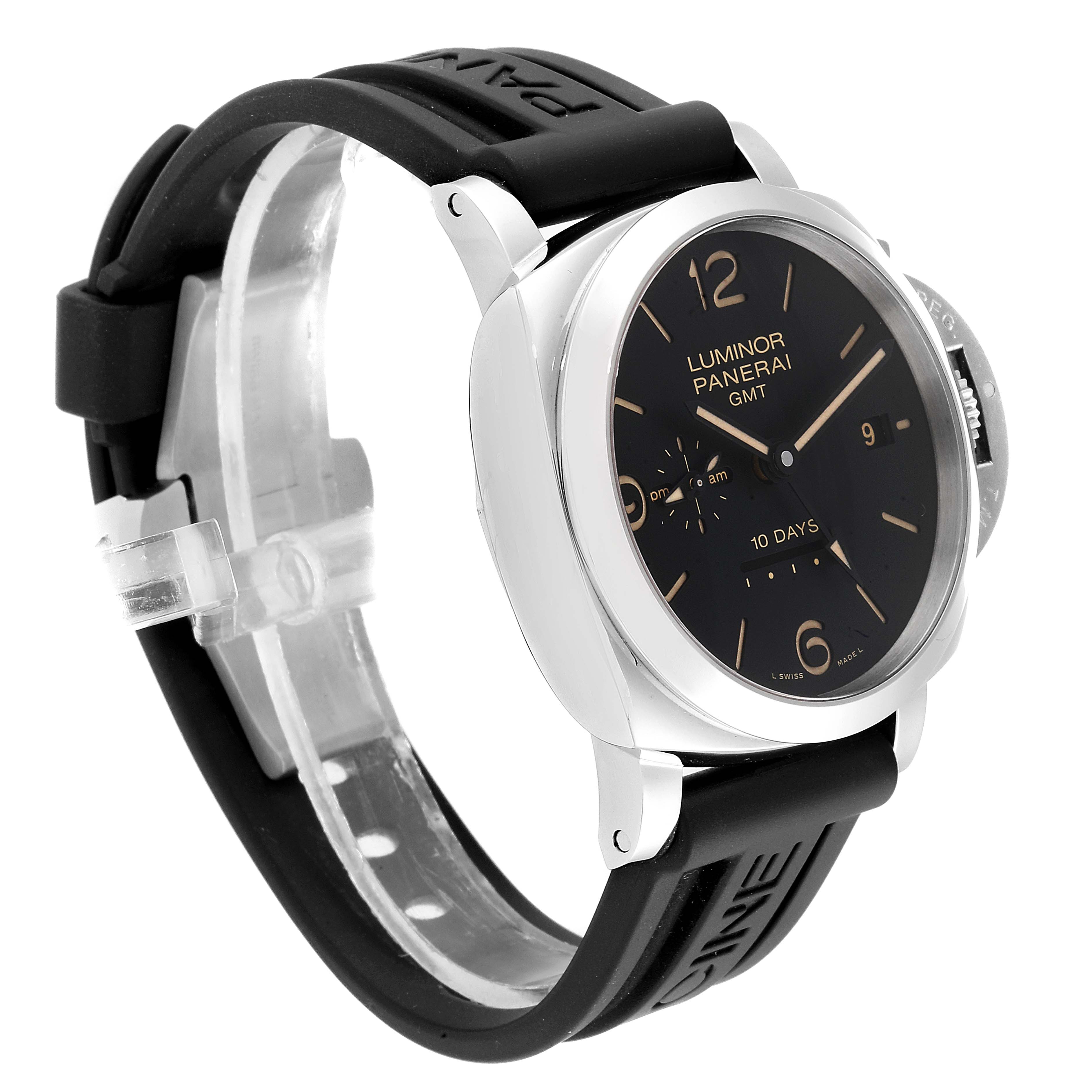 The image shows a Panerai Luminor PAM00533 Men
s Stainless Steel Black Dial PAM00533 Men
s Stainless Steel Black Dial watch from an angled side view, displaying the dial, bezel, crown guard, and rubber strap.