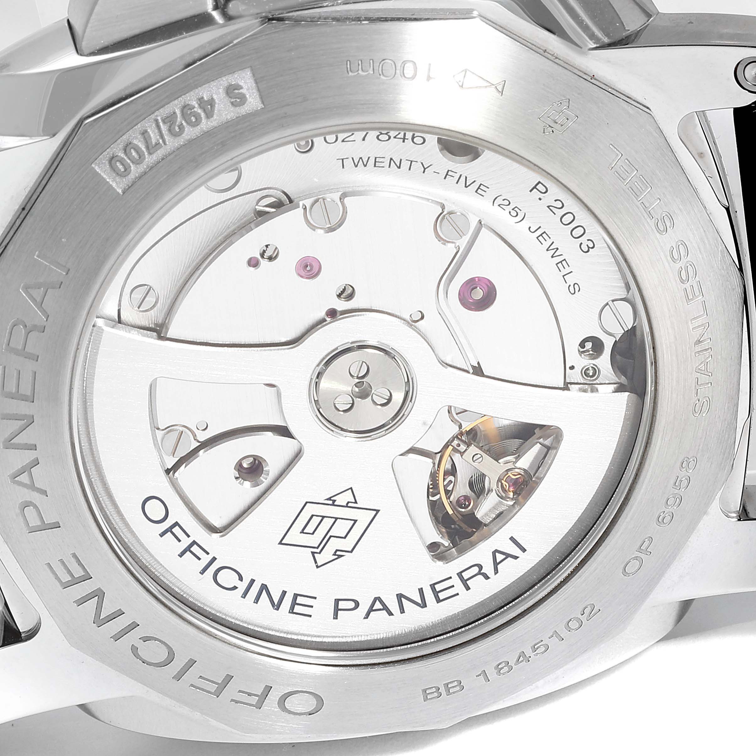 This image shows the transparent case back of a Panerai Luminor PAM00533 Men
s Stainless Steel Black Dial PAM00533 Men
s Stainless Steel Black Dial watch, revealing its internal movement.