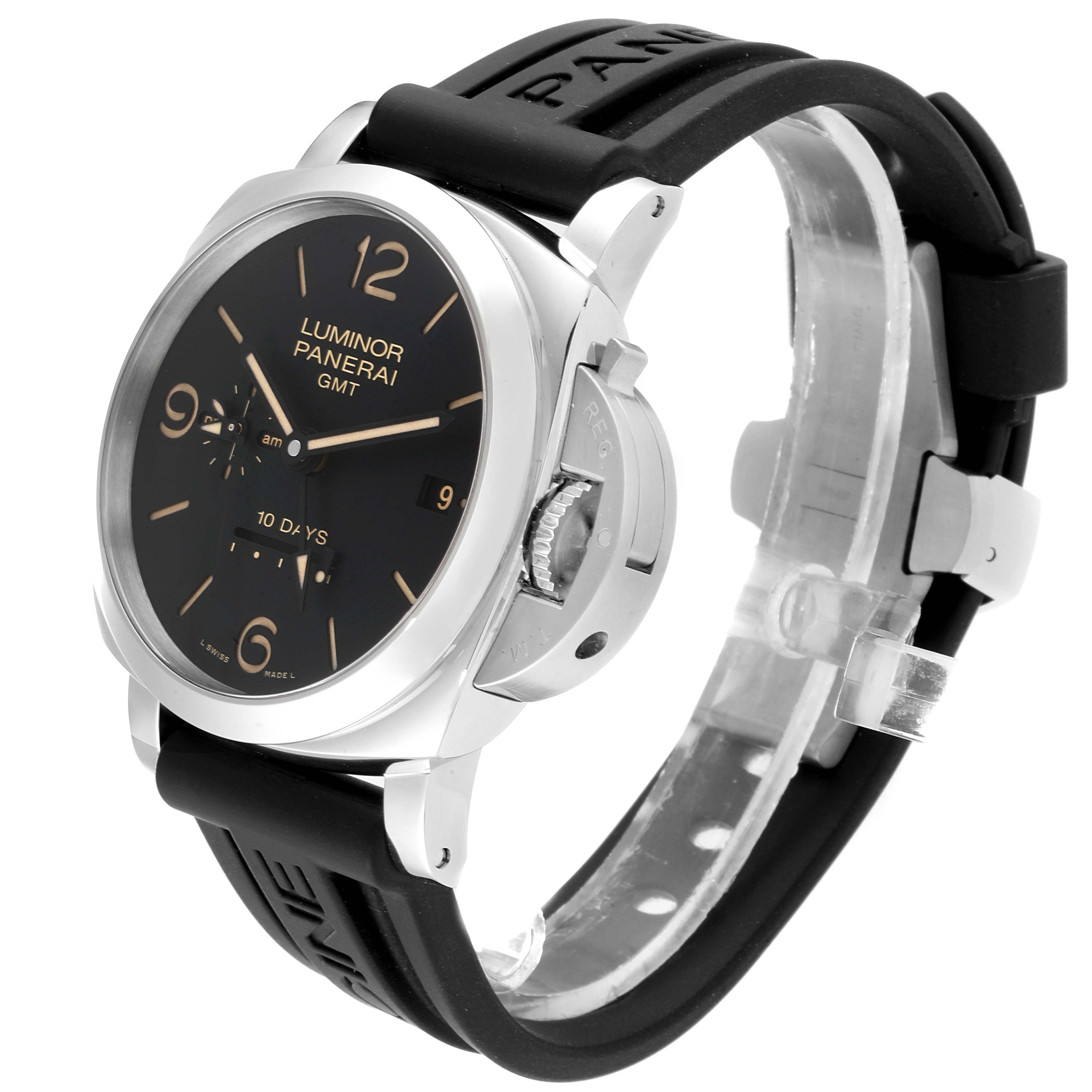 The image shows a Panerai Luminor PAM00533 Men
s Stainless Steel Black Dial PAM00533 Men
s Stainless Steel Black Dial GMT watch at a slight side angle, highlighting the watch face, strap, and crown guard.