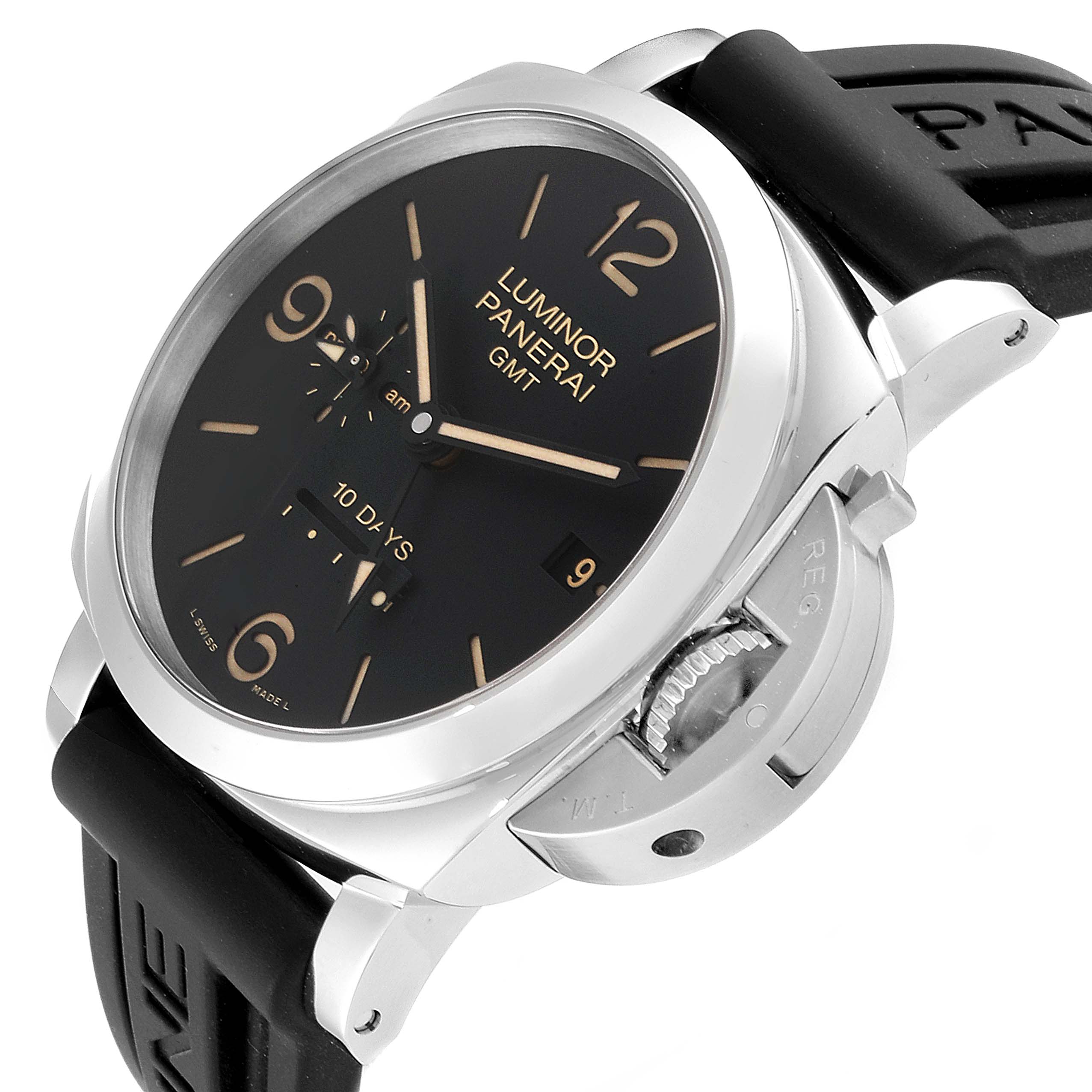 The image shows a Panerai Luminor PAM00533 Men
s Stainless Steel Black Dial PAM00533 Men
s Stainless Steel Black Dial watch at an angled view, highlighting its dial, crown guard, and rubber strap.