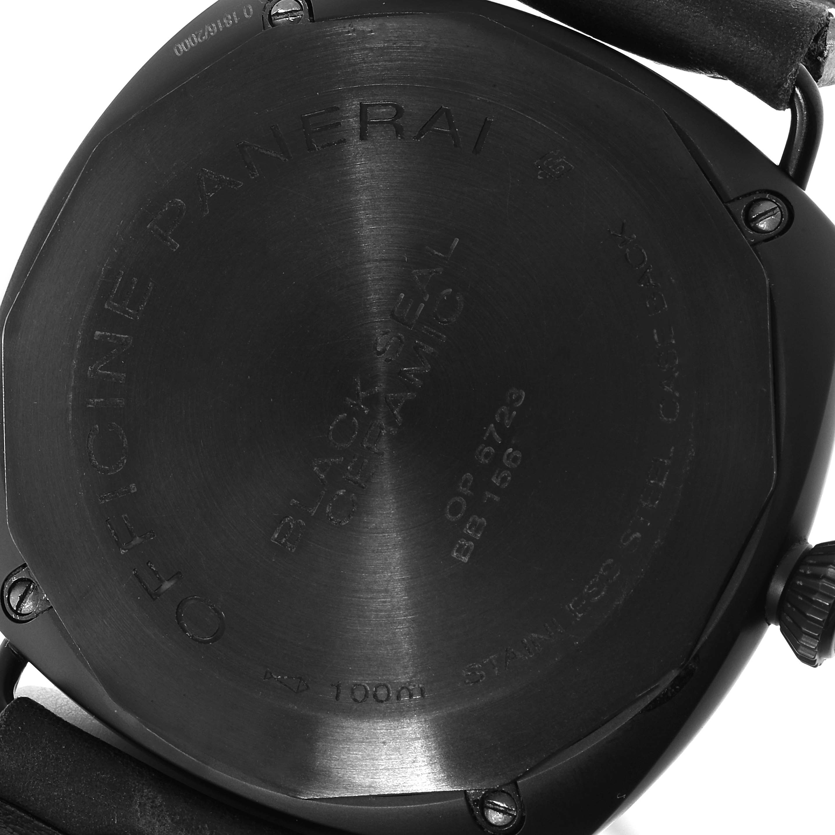 The image shows the case back of a Panerai Radiomir PAM00292 Men's Ceramic Black Dial PAM00292 Men's Ceramic Black Dial Black Seal Ceramic watch, featuring engravings and a screw-down case.