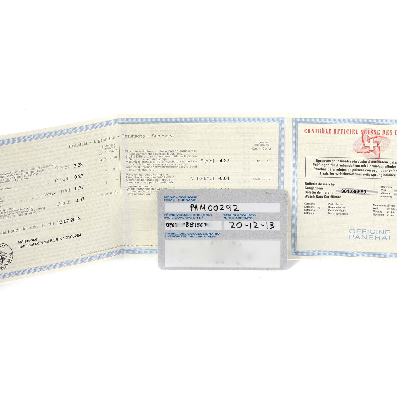 This image shows the certification papers and warranty card for a Panerai Radiomir PAM00292 Men's Ceramic Black Dial PAM00292 Men's Ceramic Black Dial model PM00292.