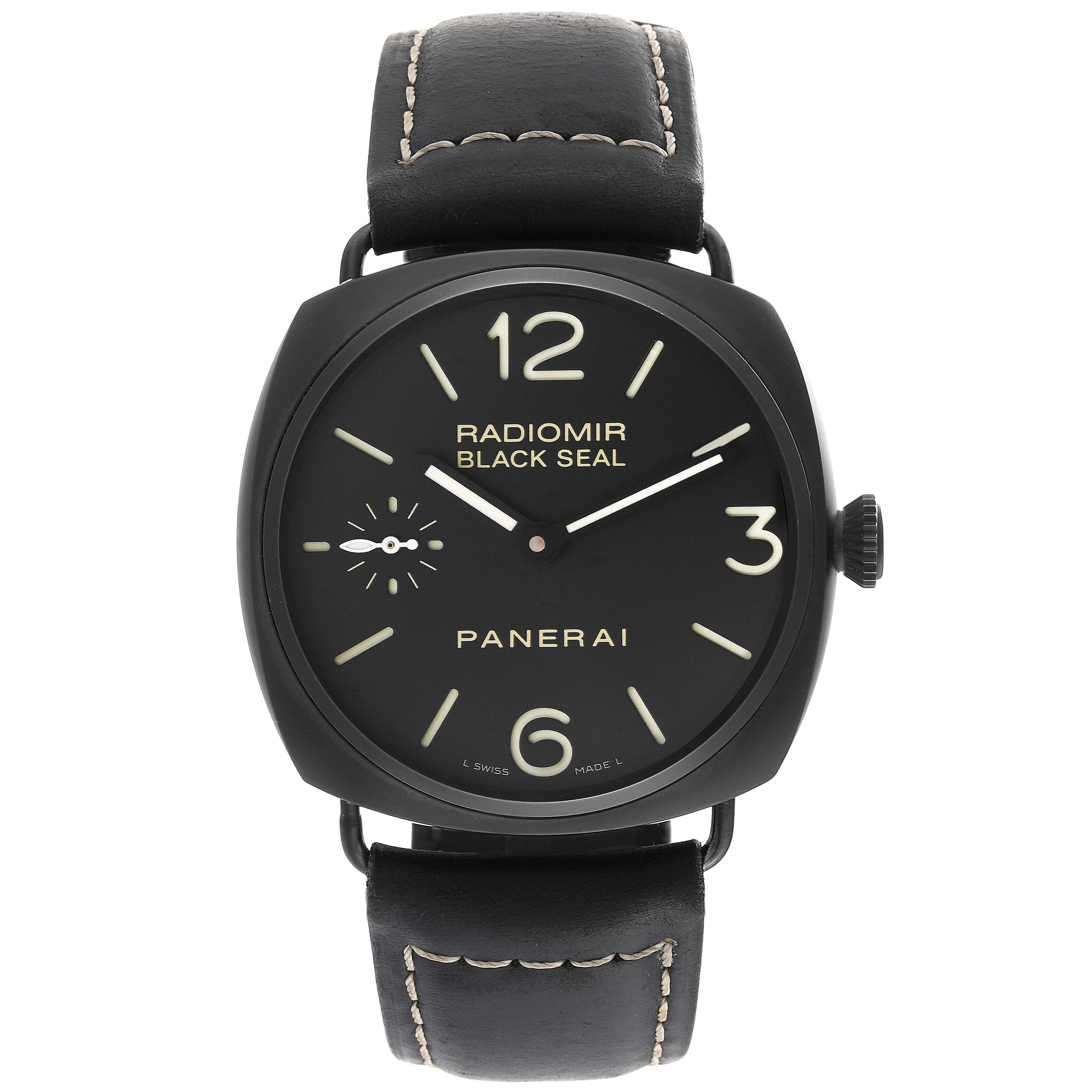 The image shows a front view of a Panerai Radiomir PAM00292 Men's Ceramic Black Dial PAM00292 Men's Ceramic Black Dial model with a black dial and leather strap.