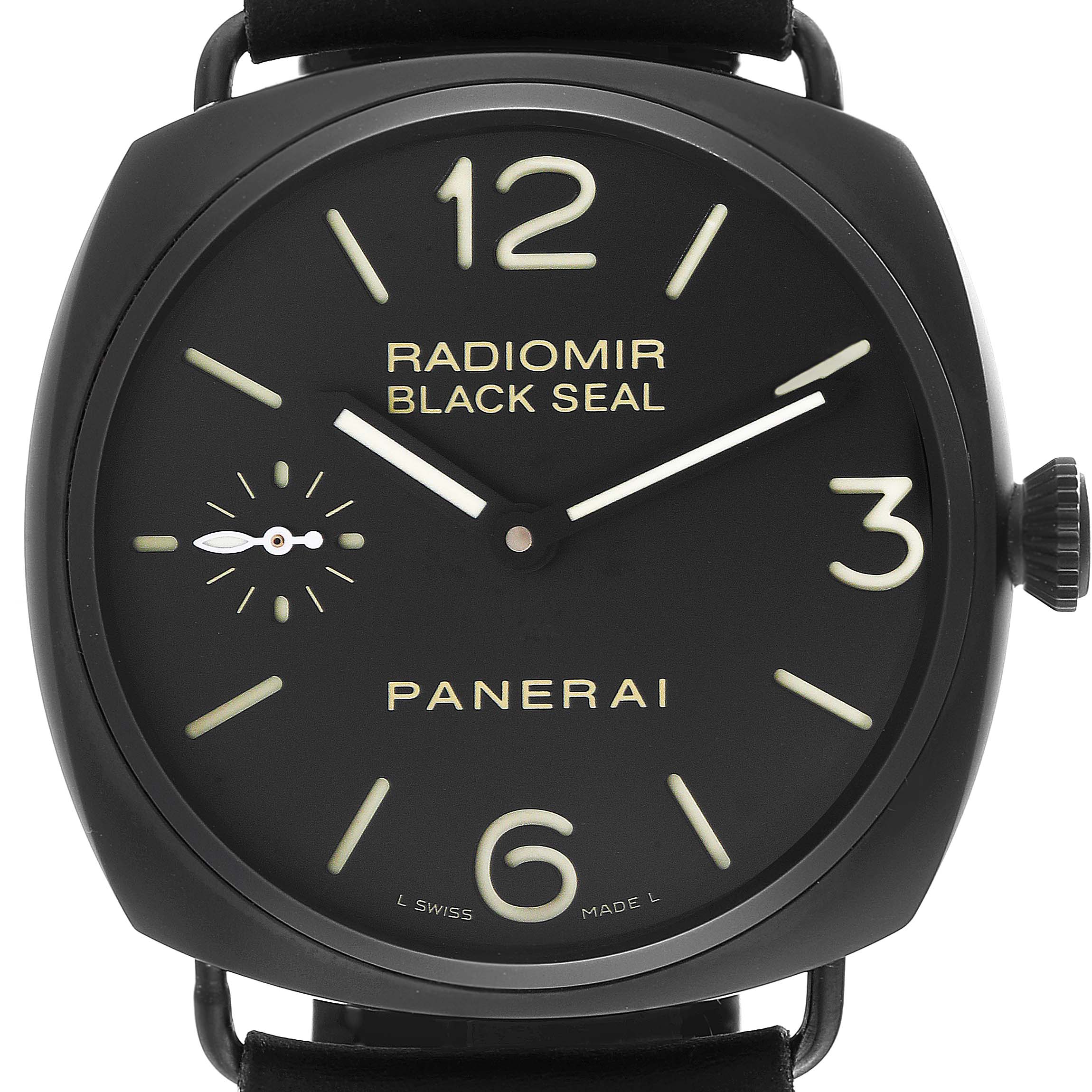 This image displays the front view of a Panerai Radiomir PAM00292 Men's Ceramic Black Dial PAM00292 Men's Ceramic Black Dial watch, showcasing its dial, hour markings, hands, and crown.