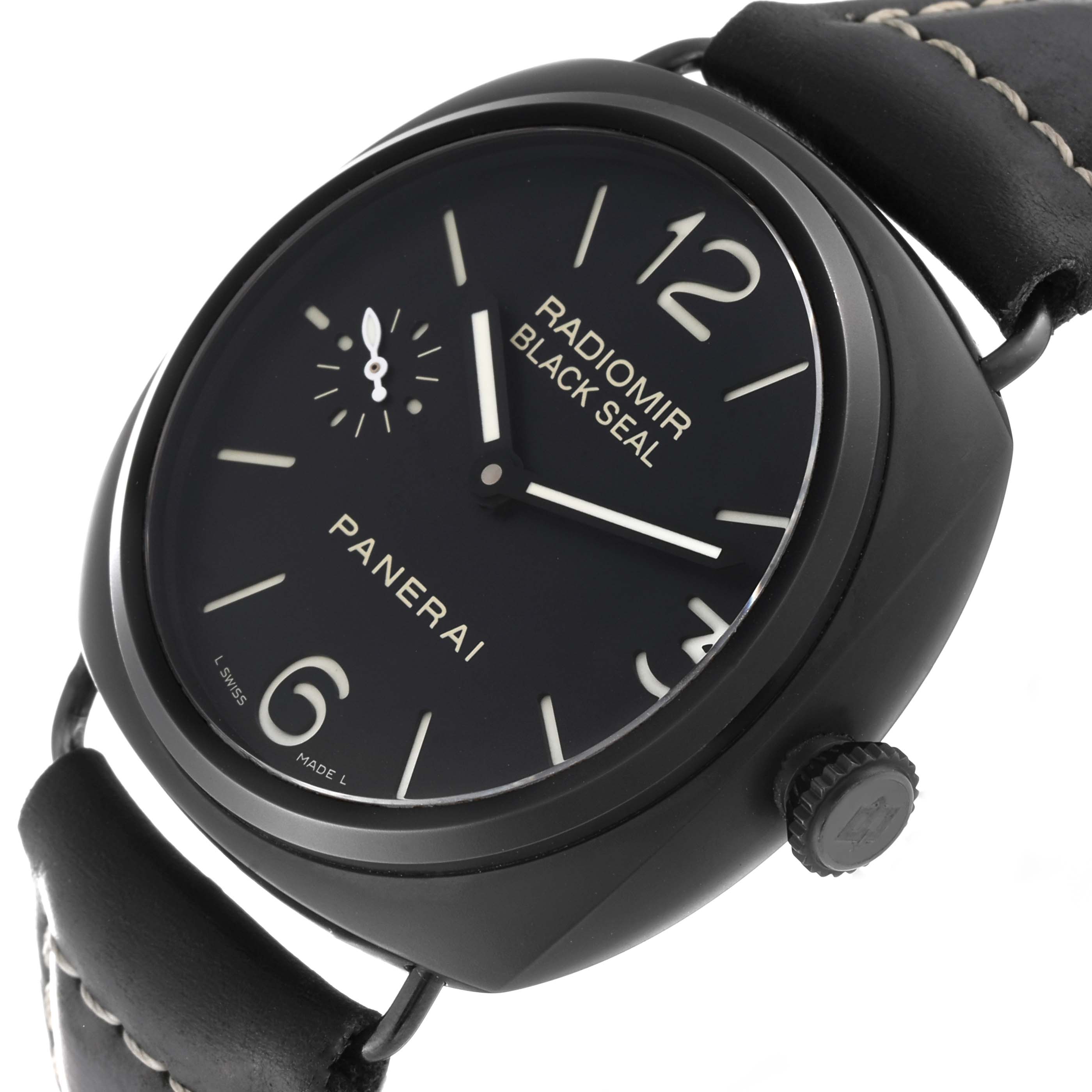 The image shows a close-up, angled view of the Panerai Radiomir PAM00292 Men's Ceramic Black Dial PAM00292 Men's Ceramic Black Dial watch, highlighting its face, crown, and leather strap.