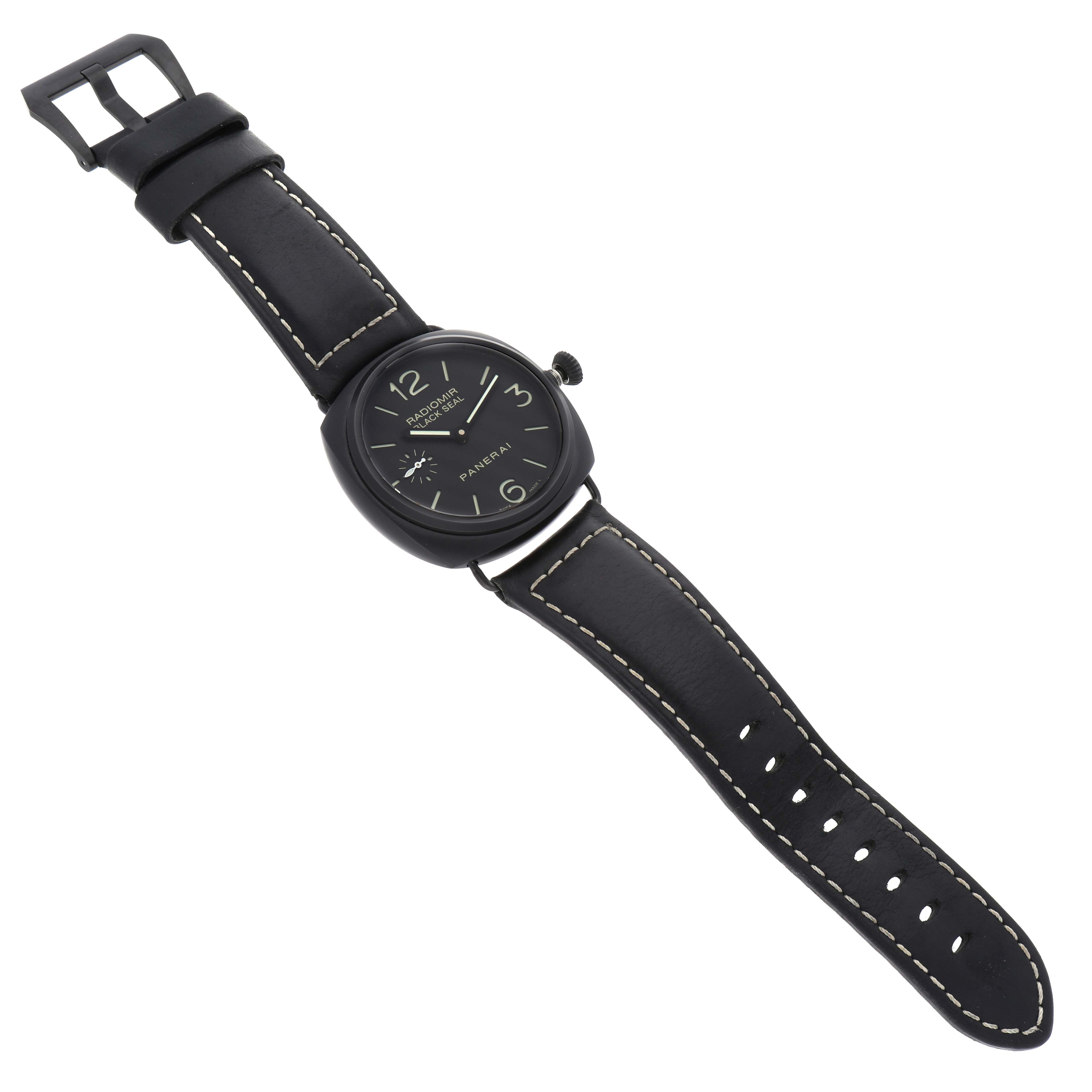 The Radiomir by Panerai is shown flat, displaying its black leather strap, black dial, and buckle.