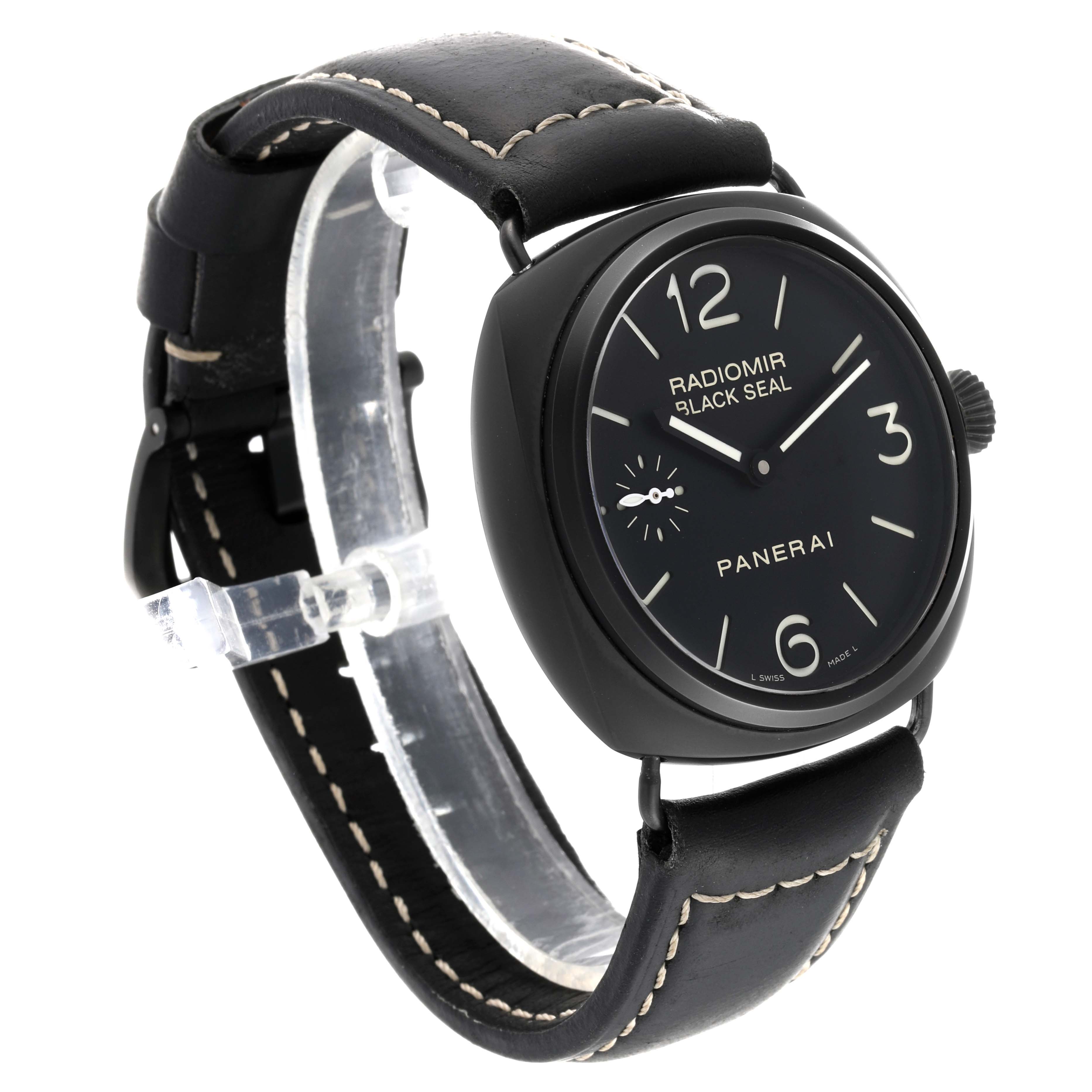The Panerai Radiomir PAM00292 Men's Ceramic Black Dial PAM00292 Men's Ceramic Black Dial watch is shown at an angle displaying the face, crown, and leather strap with stitching.