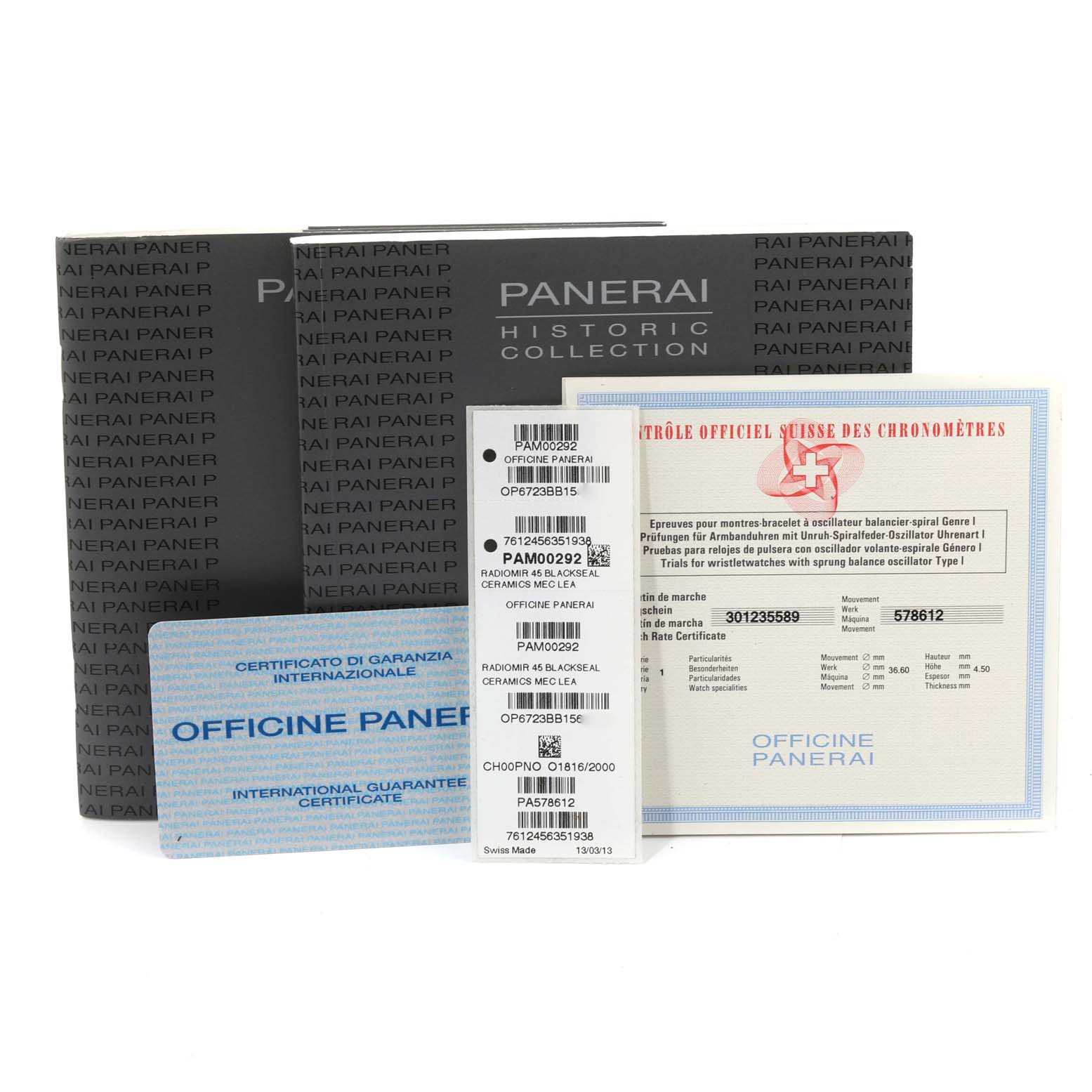 The image shows the paperwork and original packaging for the Panerai Radiomir PAM00292 Men's Ceramic Black Dial PAM00292 Men's Ceramic Black Dial model, including certificates and labels.