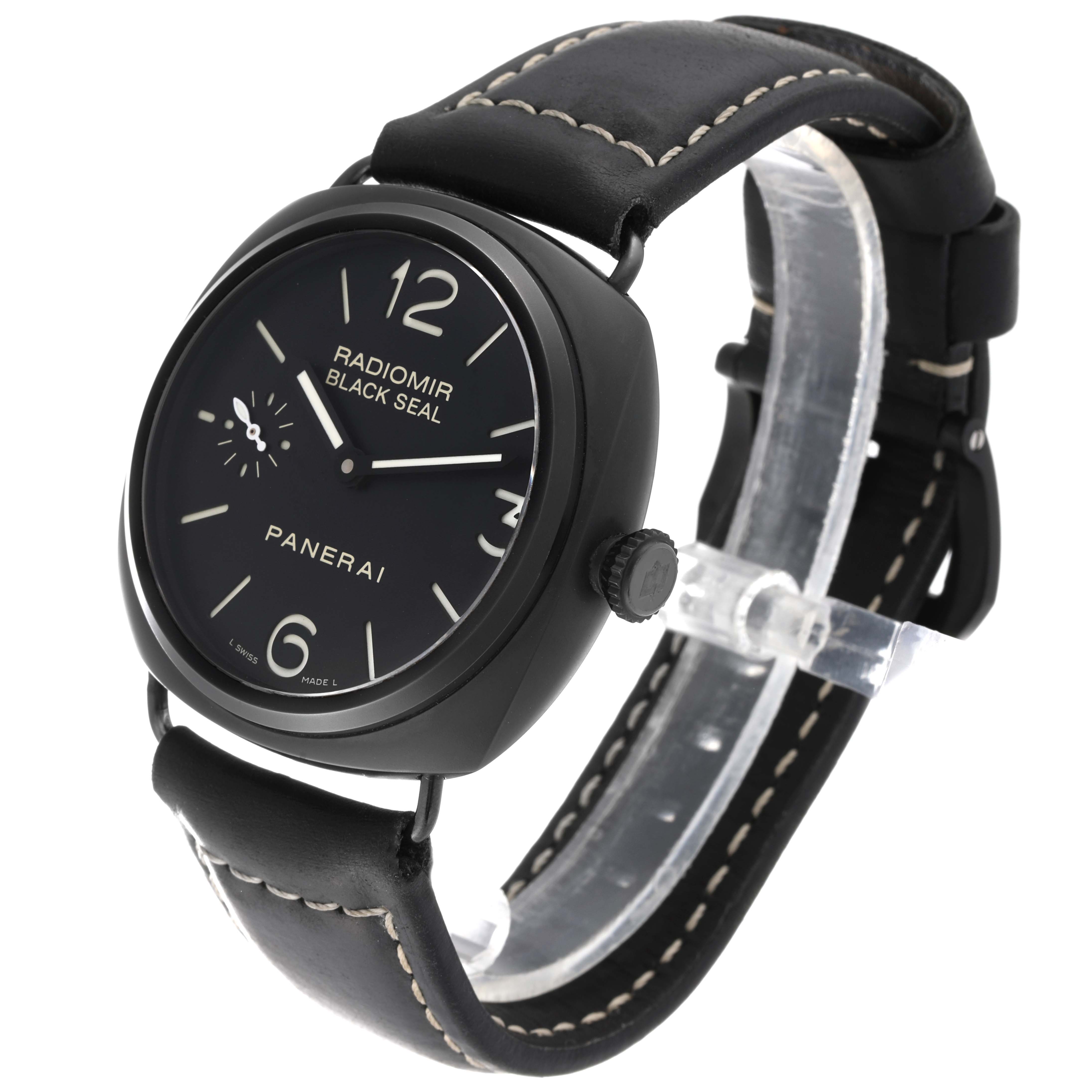 The image shows a Panerai Radiomir PAM00292 Men's Ceramic Black Dial PAM00292 Men's Ceramic Black Dial watch at a slight angle, highlighting its face, crown, and black leather strap.