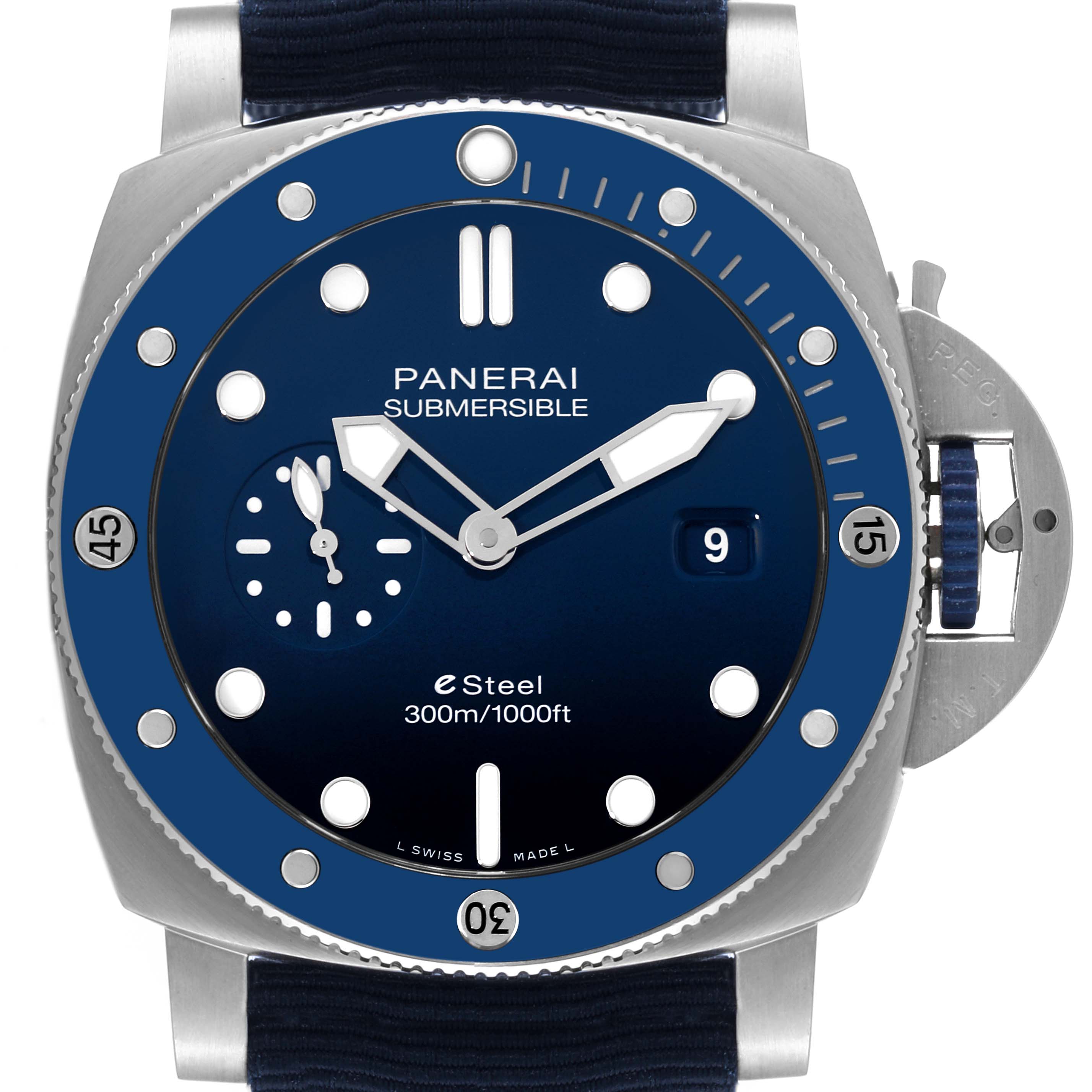 The image shows a front view of a Panerai Submersible PAM01289 Men
s Stainless Steel Blue Dial PAM01289 Men
s Stainless Steel Blue Dial model watch, displaying the dial, bezel, and crown guard.