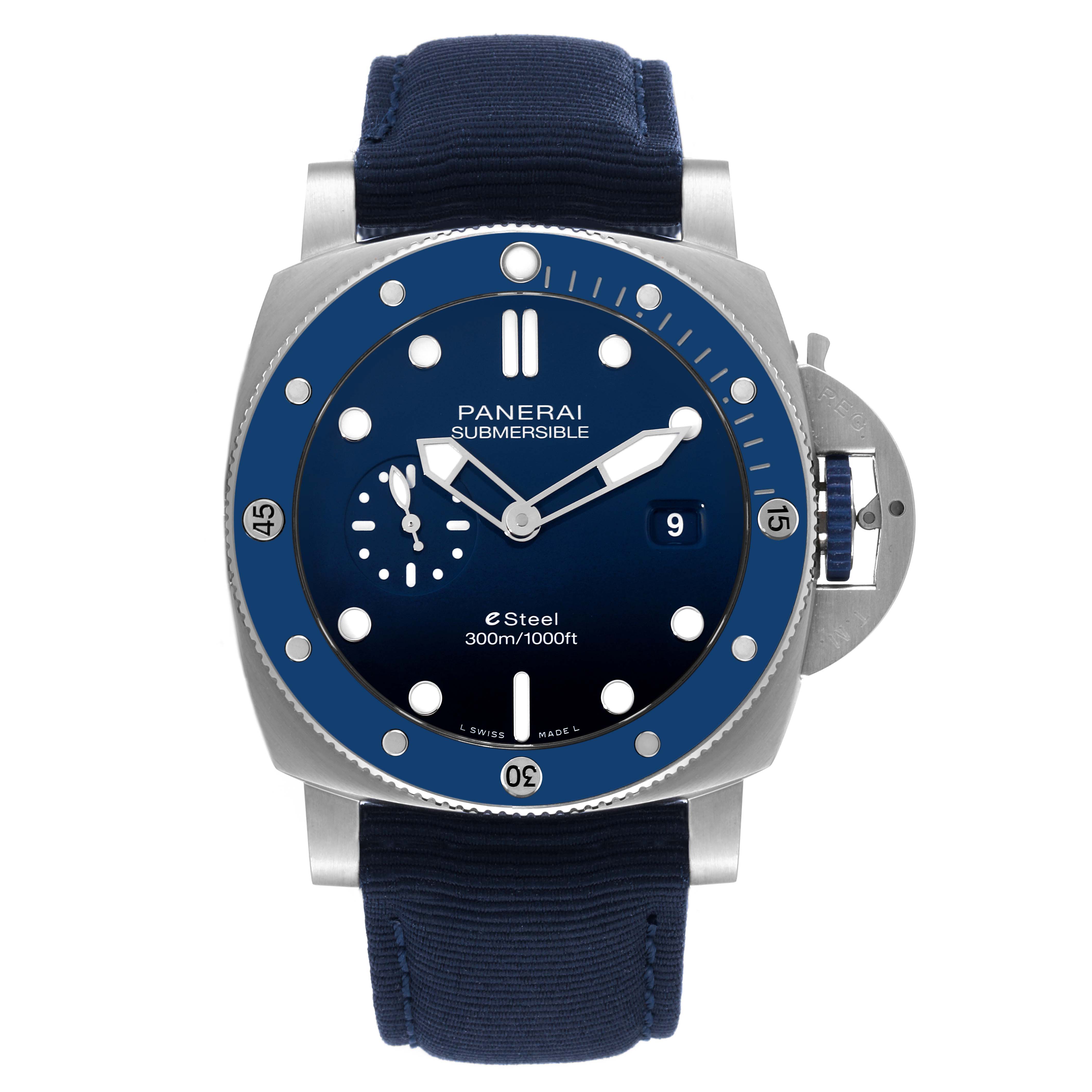 The image shows a front view of a Panerai Submersible PAM01289 Men
s Stainless Steel Blue Dial PAM01289 Men
s Stainless Steel Blue Dial watch, highlighting the dial, bezel, and strap.