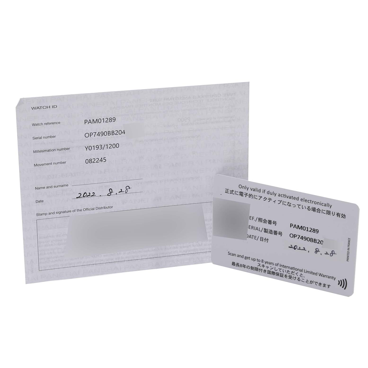 This image shows the warranty card and booklet for a Panerai Submersible PAM01289 Men
s Stainless Steel Blue Dial PAM01289 Men
s Stainless Steel Blue Dial model PAM01289.