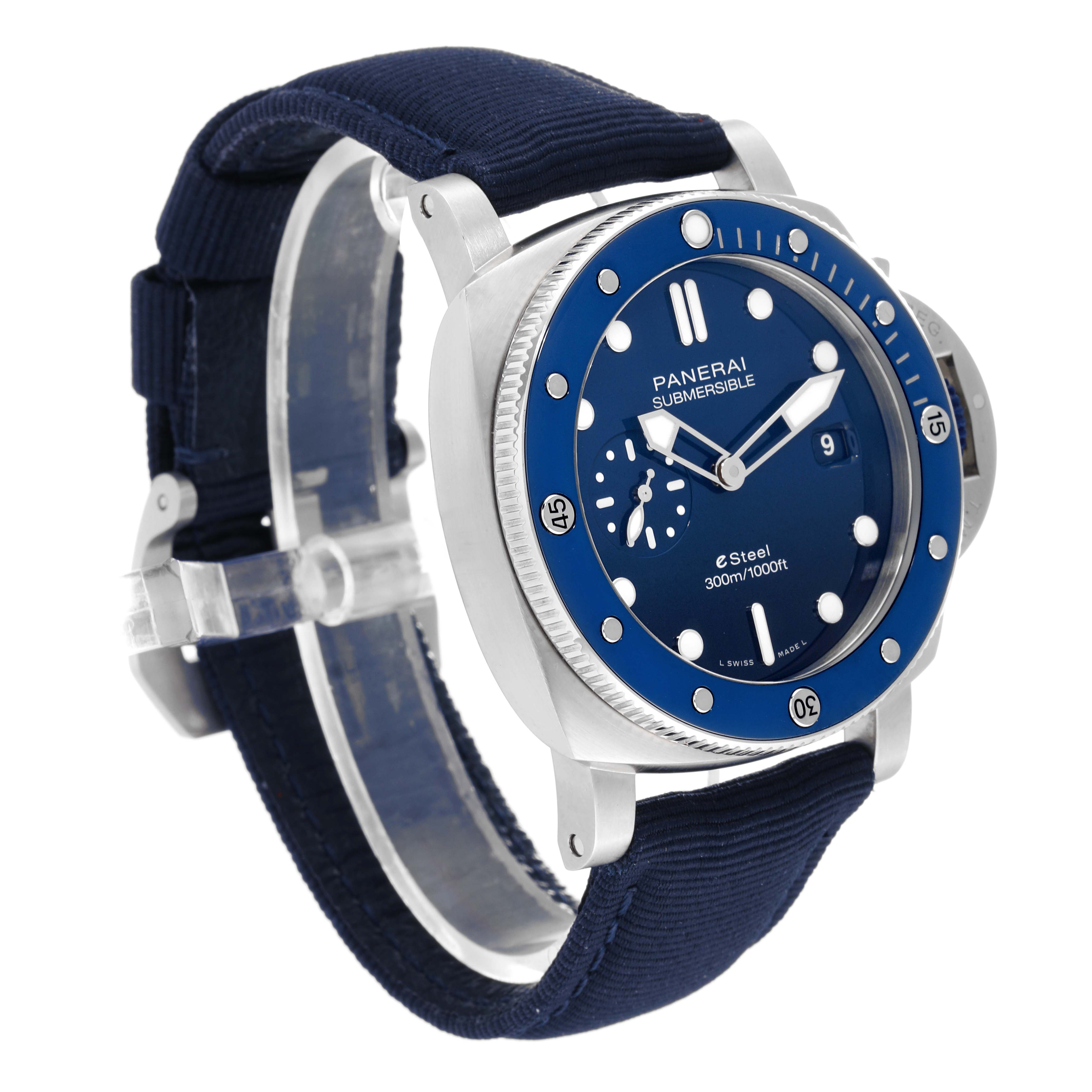 The image shows a side angle of the Panerai Submersible PAM01289 Men
s Stainless Steel Blue Dial PAM01289 Men
s Stainless Steel Blue Dial watch, displaying the watch face, bezel, and strap.
